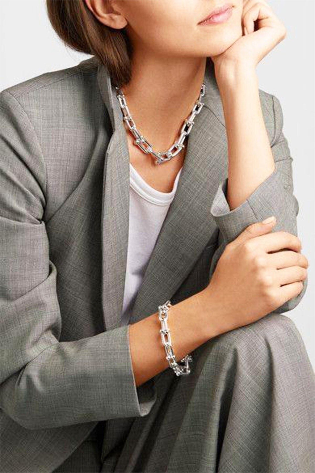 aksell Kadın 2'li Gümüş Renk Lüx Model Tiffany Blanca Kalın Zincir Kolye Ve Bileklik Seti