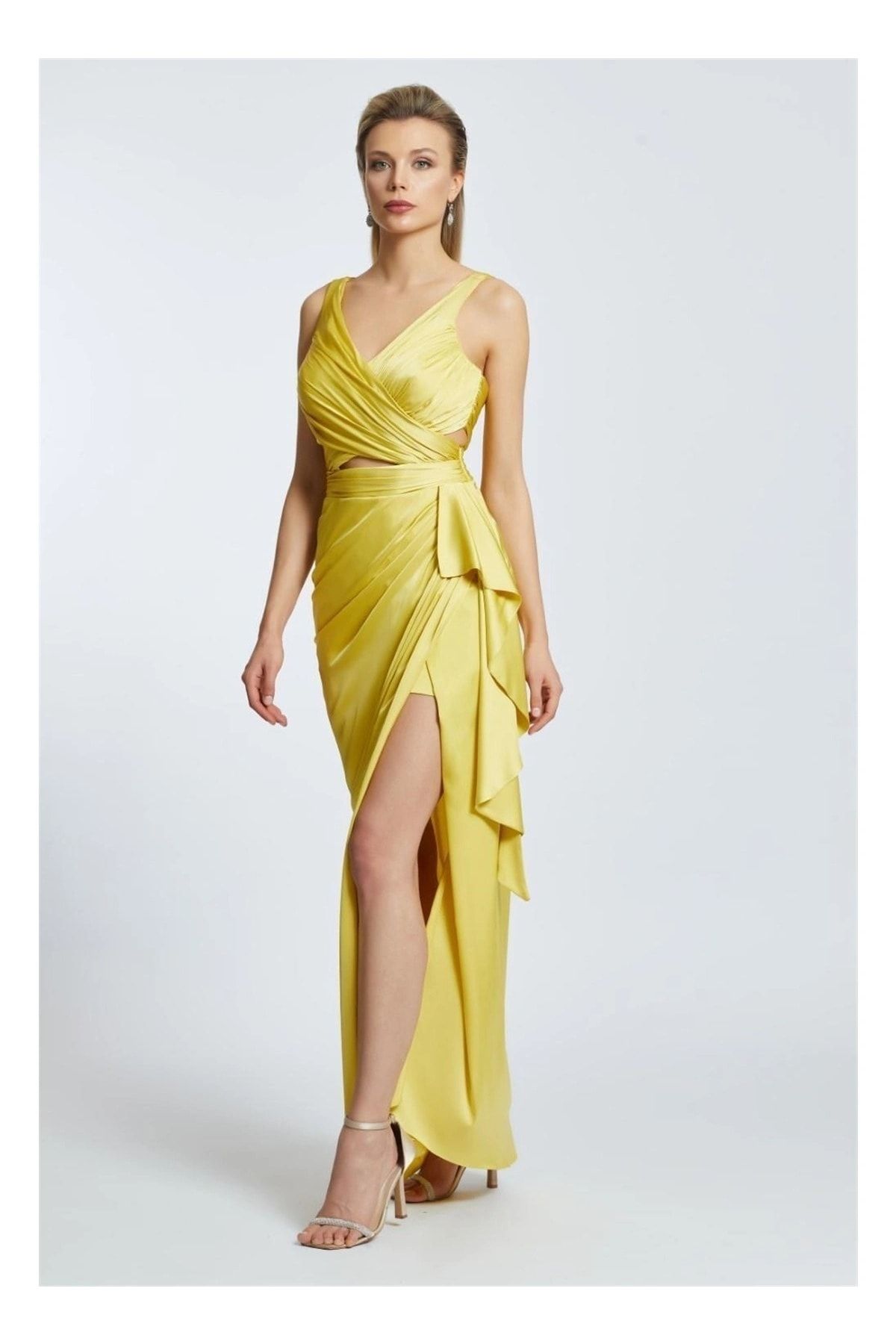 Kenzel Kadın V Yaka Drapeli Yırtmaçlı Uzun Sırtı Çapraz Sarı Abiye & Mezuniyet Elbisesi