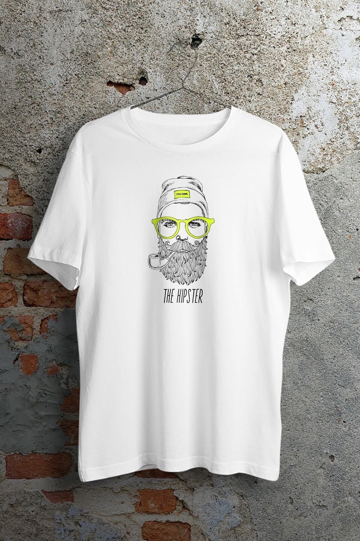 WePOD The Hipster Baskılı Beyaz Kısa Kollu Unisex Tişört
