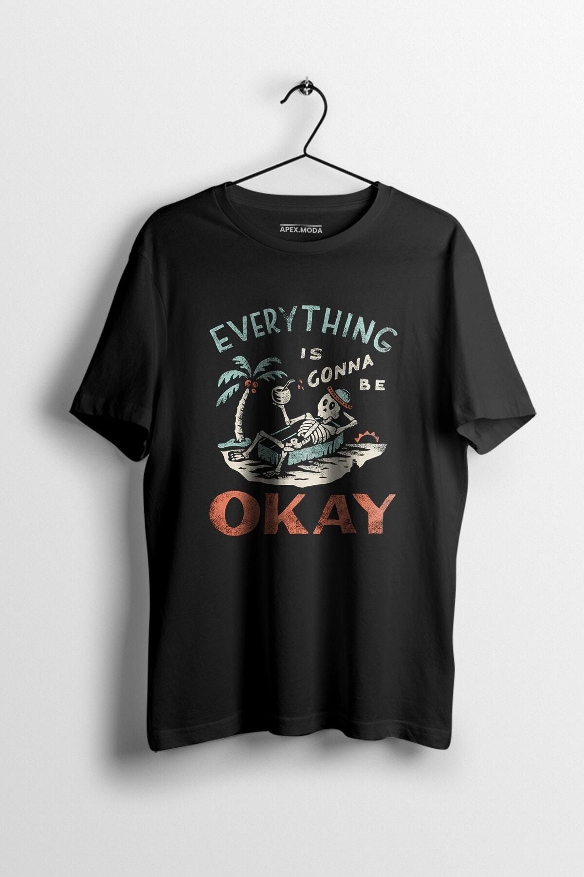 WePOD Erkek T-shirt Everything Is Gonna Be Okay Baskılı Baskılı Siyah Kısa Kollu Unisex Tişört