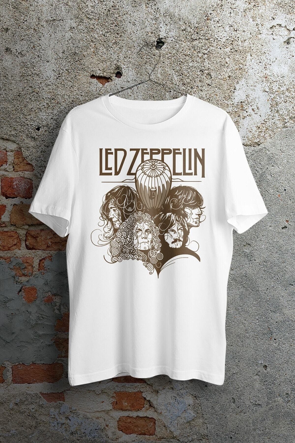 WePOD Led Zeppelin Artwork Baskılı Beyaz Kısa Kollu Unisex Tişört