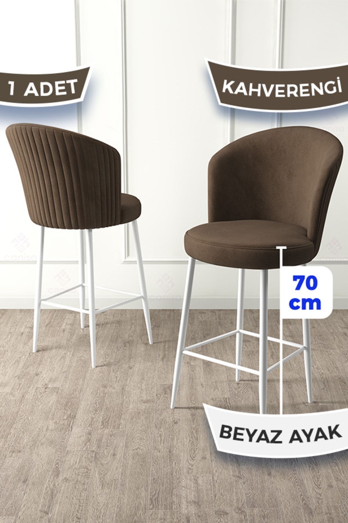 Canisa Concept Alte Serisi 1 Adet 65 Cm Kahve Ada Mutfak Bar Sandalyesi Babyface Kumaş Beyaz Metal Ayaklı