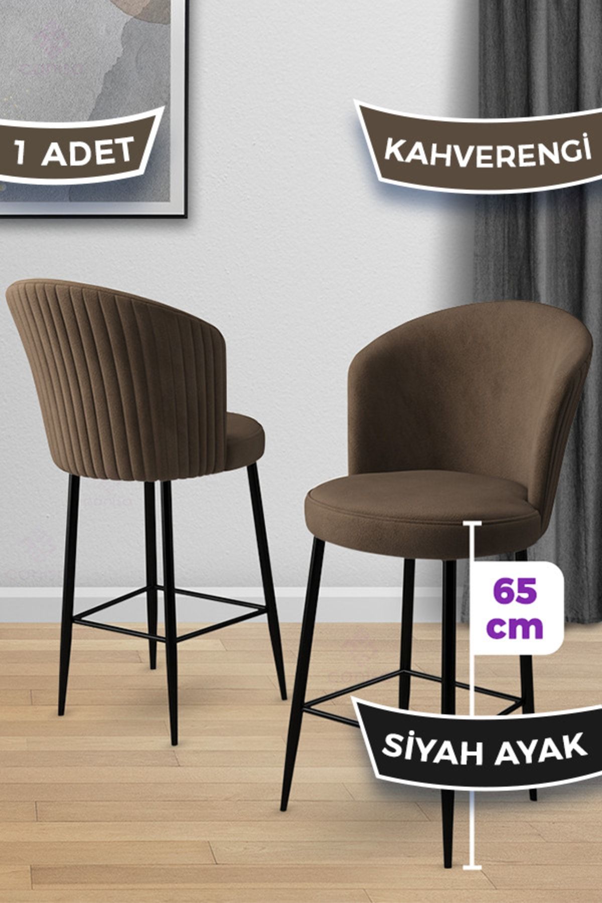 Canisa Concept Alte Serisi 1 Adet 65 Cm Kahve Ada Mutfak Bar Sandalyesi Babyface Kumaş Siyah Metal Ayaklı