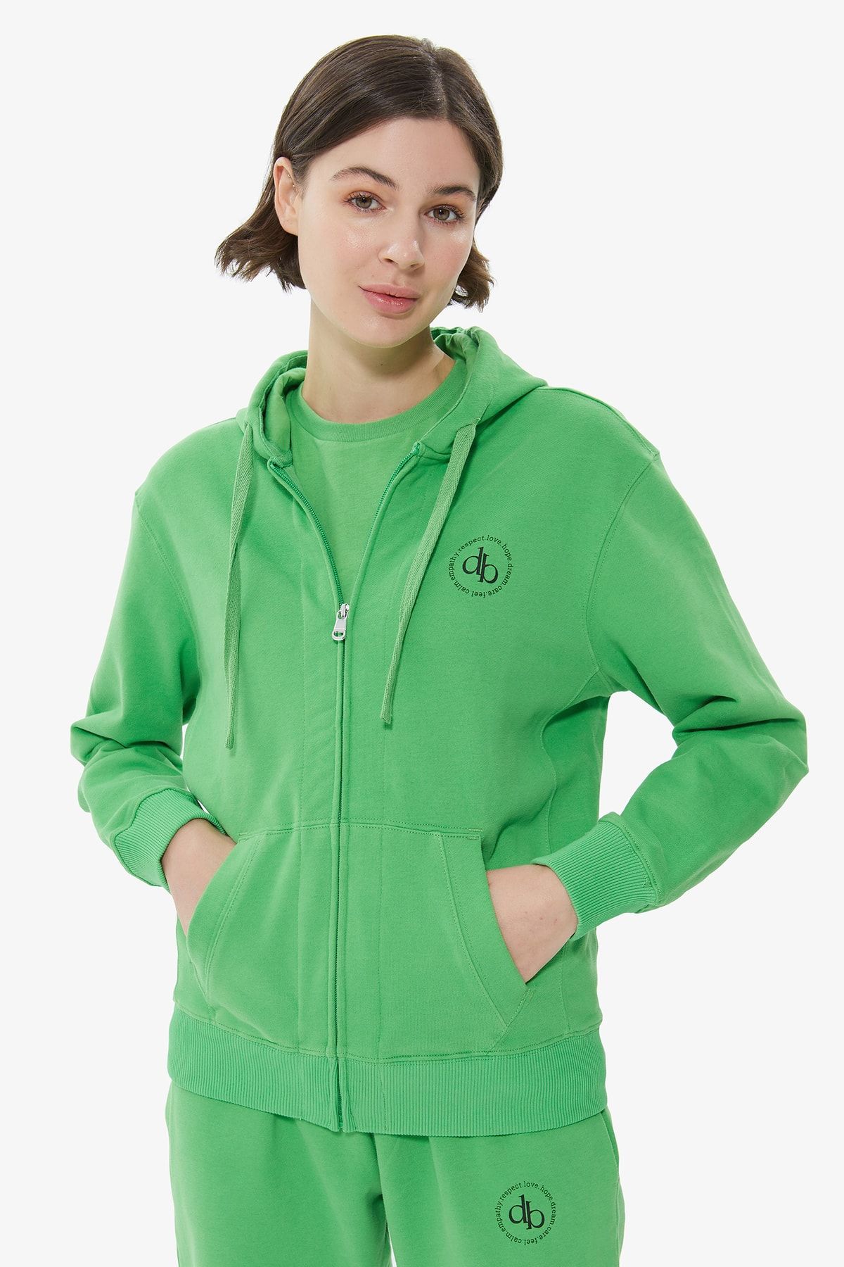 Dahlia Bianca Yeşil Kapüşonlu Fermuarlı Sweatshirt
