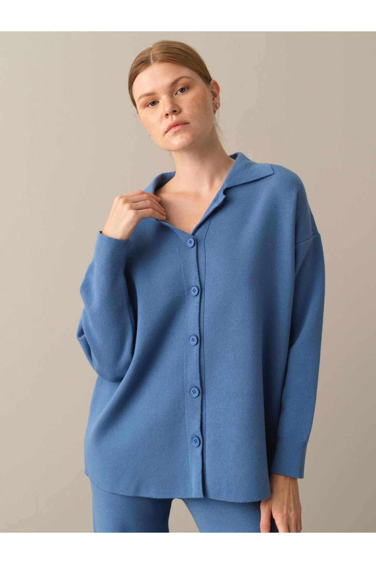 Xint Kadın Nehir Mavisi Regular Fit Düğmeli Triko Ceket