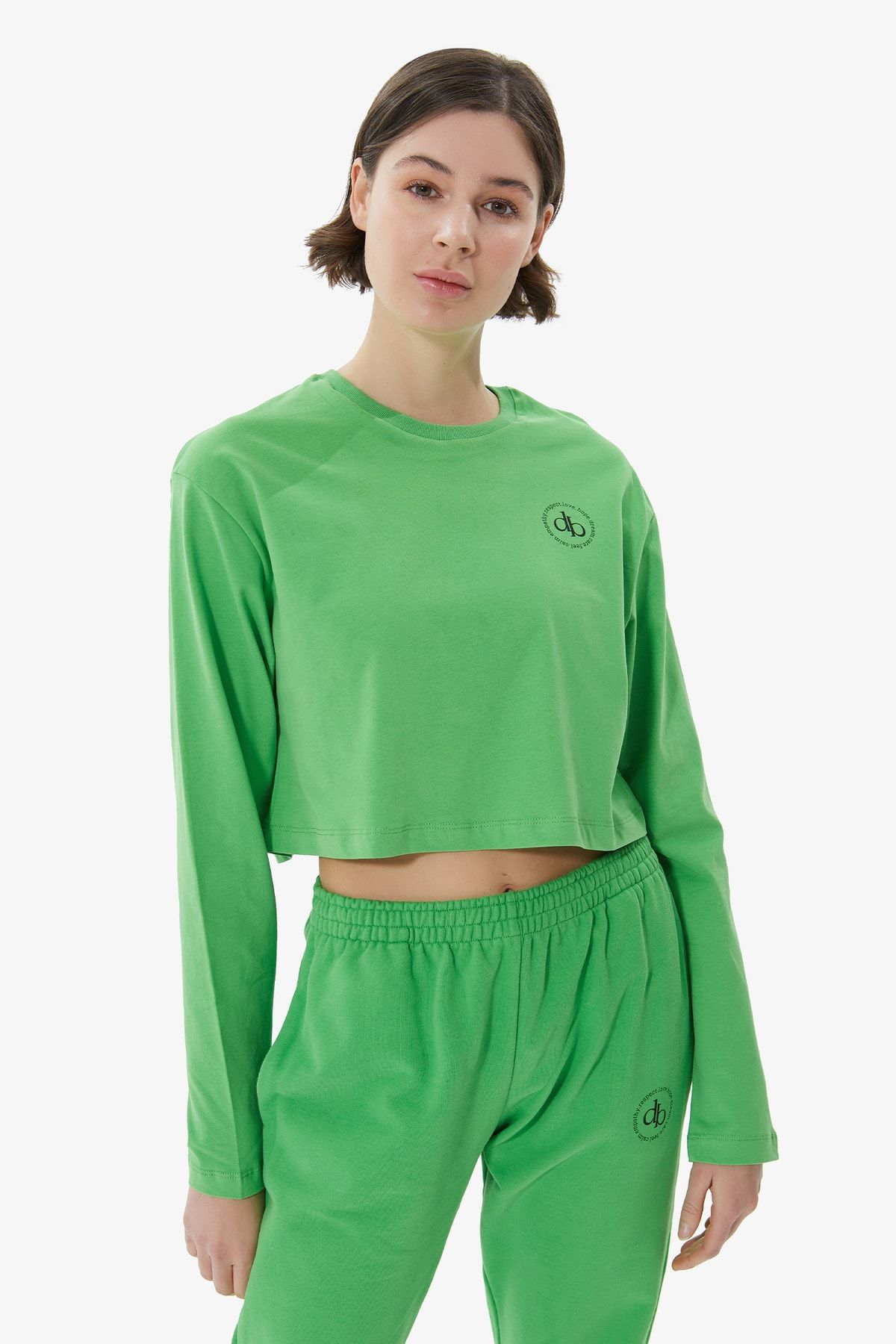 Dahlia Bianca Yeşil Bisiklet Yaka Uzun Kol Crop T-shirt