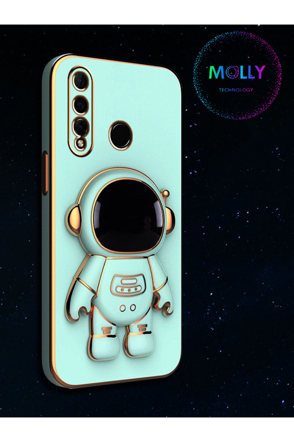 Molly Technology Huawei Y9 Prime 2019 Için Su Yeşili Astronot Standlı Kenarları Gold Detaylı Lüks Silikon Kılıf