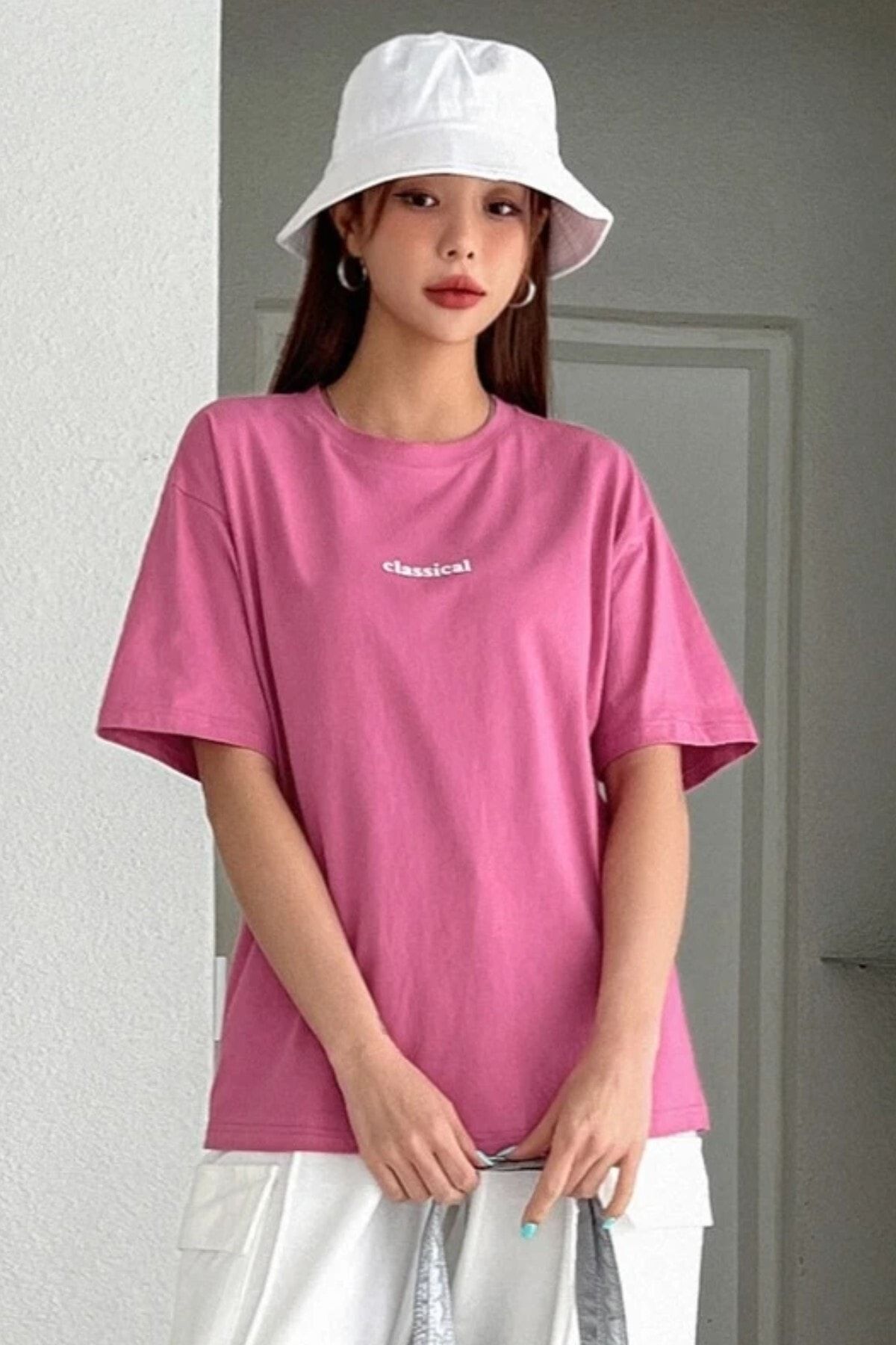 MODAGEN Unisex Pembe Classical Baskılı Oversize T-shirt