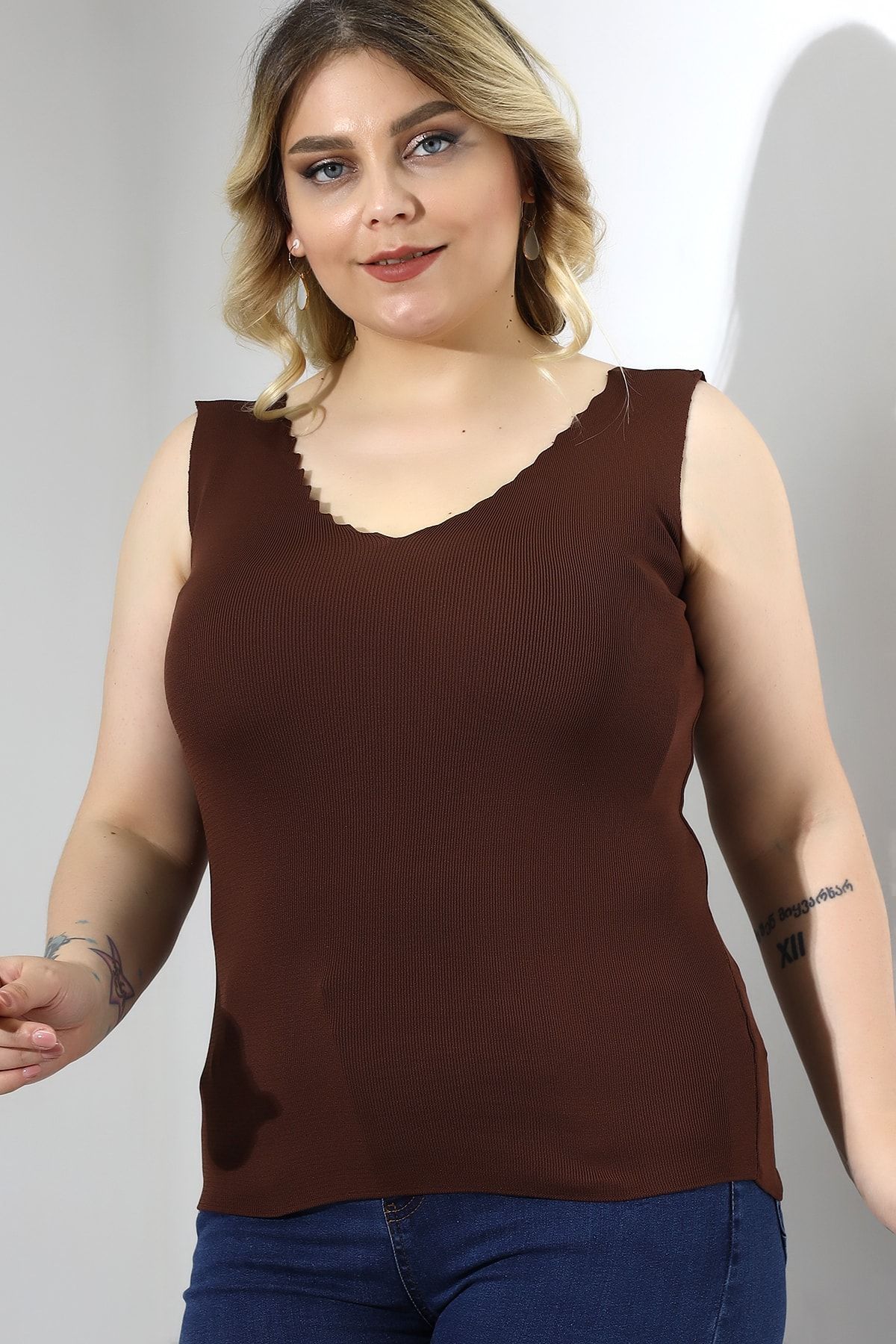 Devinka Kadın Merdiven Yaka Büyük Beden Oversize Triko Bluz