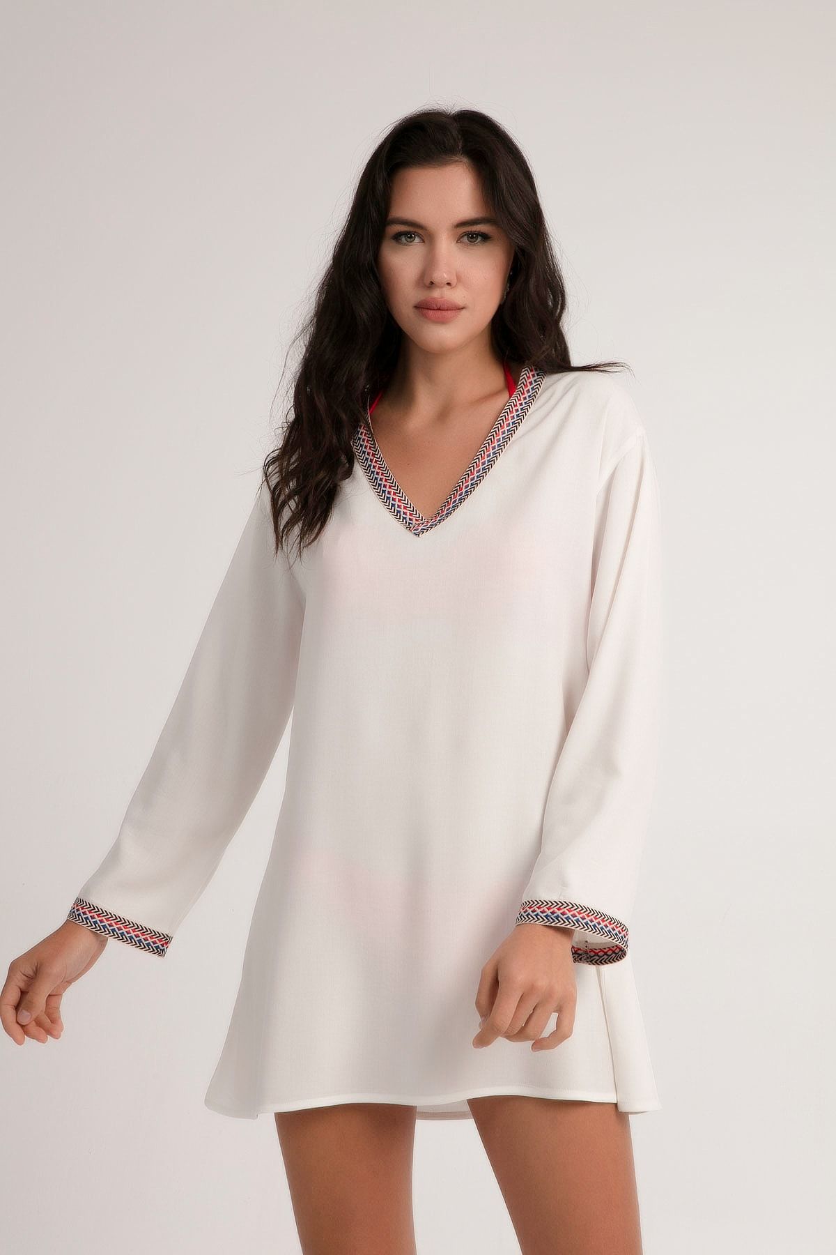 Pattaya Kadın Beyaz Şerit Detaylı Plaj Elbisesi P21s201-2676