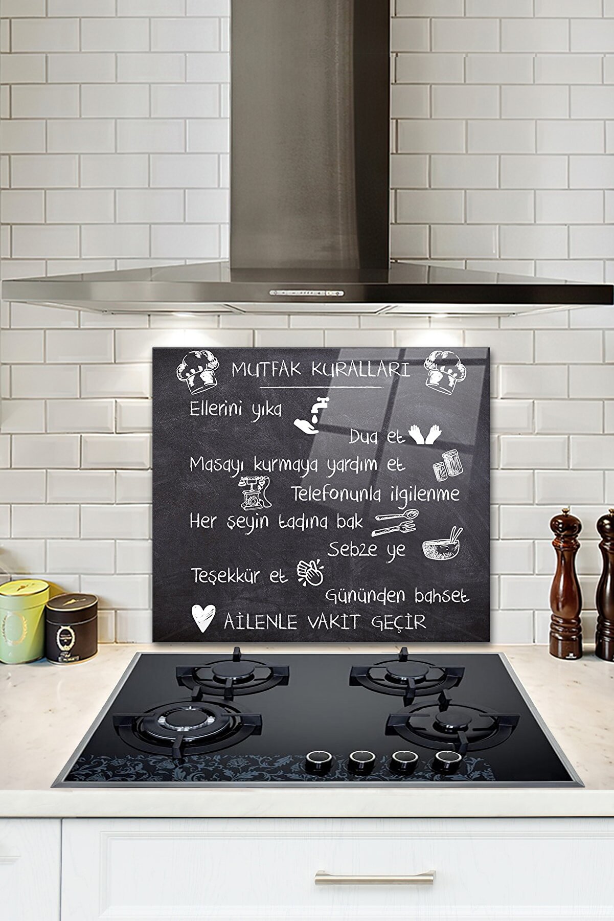Decorita Cam Ocak Arkası Koruyucu | Mutfak Kuralları - Kara Tahta Görünümlü | 52cm X 60cm