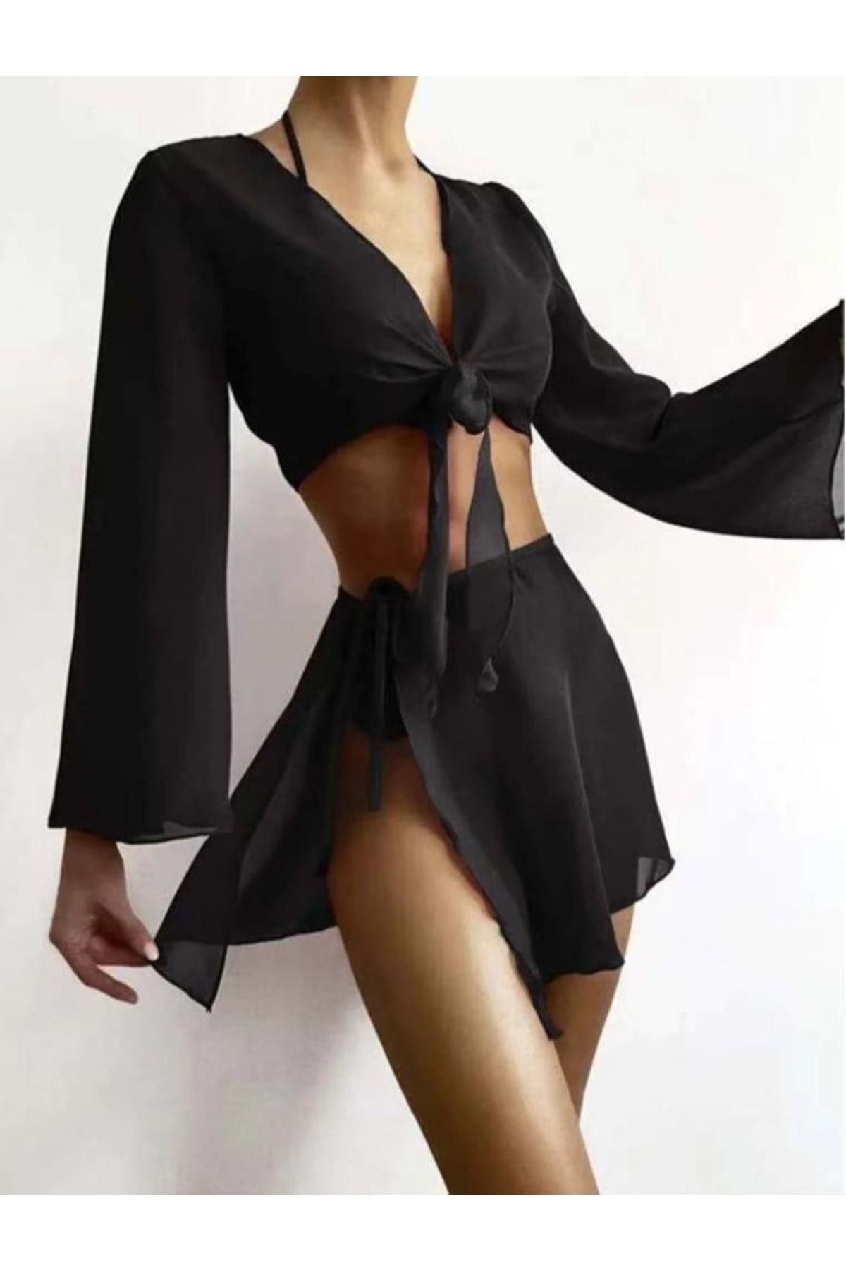 LOİS LANE Kadın Siyah Göğüs Bel Bağlamalı Tül Bluz Etek Görünümlü Alt Üst Deniz Plaj Elbisesi Pareo Takımı