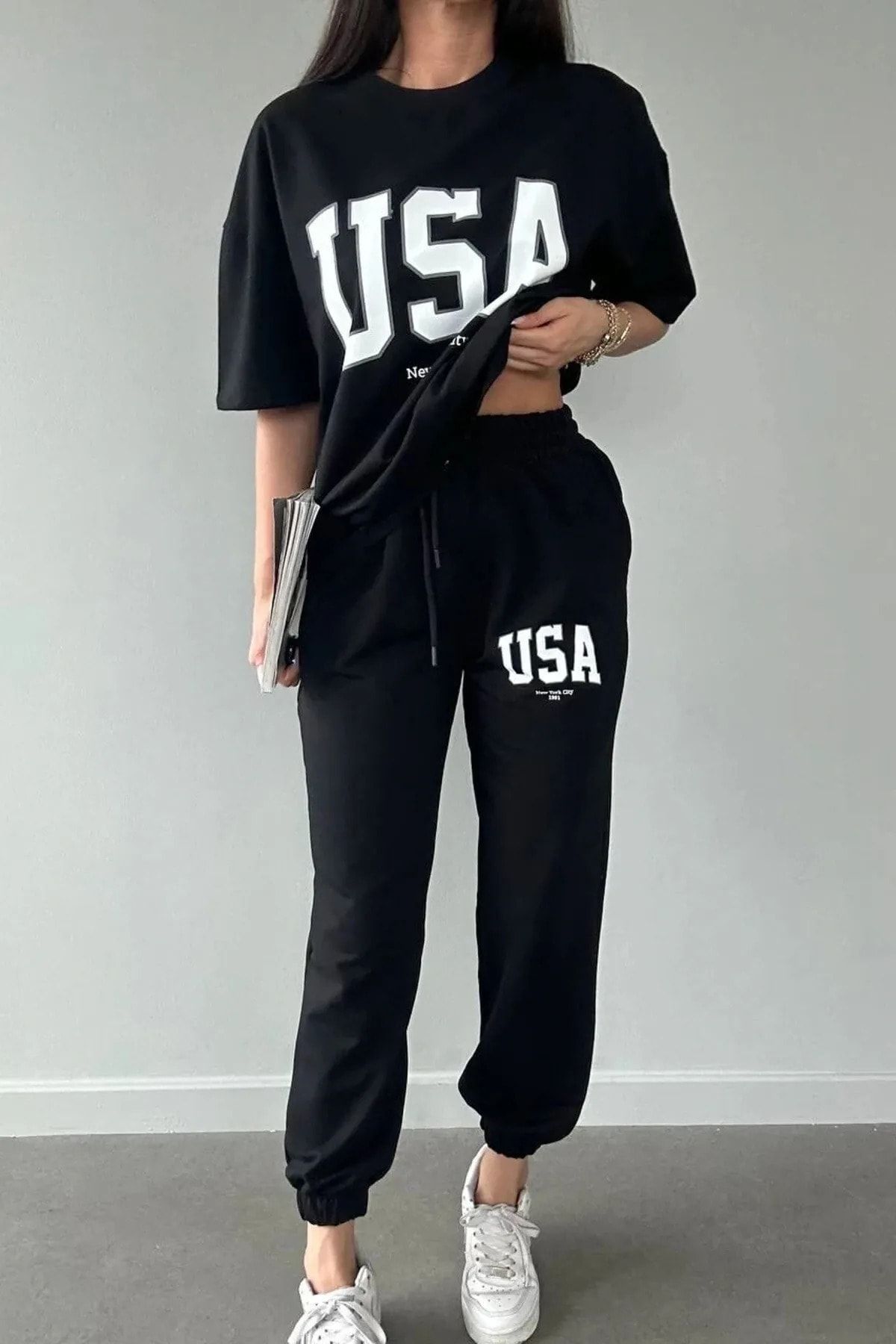 MODARİCH Usa Eşofman Altı Ve T-shirt -siyah Jogger Tişört Alt Üst Eşofman Takımı Oversize Bisiklet Yaka