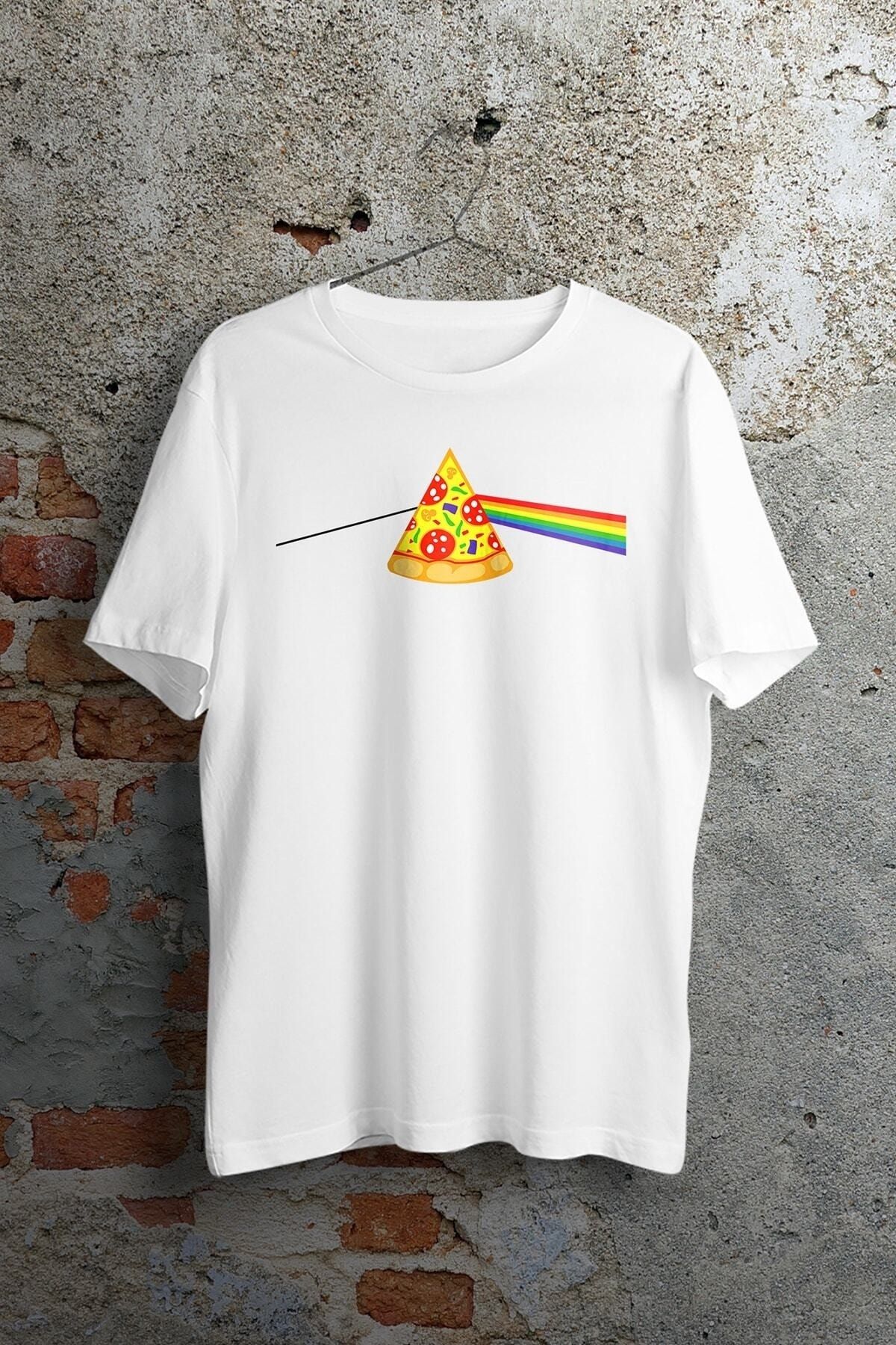 WePOD Pink Floyd Dark Side Of The Pizza Baskılı Beyaz Kısa Kollu Unisex Tişört