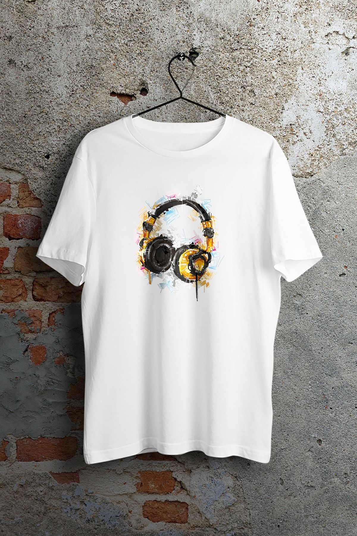 WePOD Dj Headphone Mirror Baskılı Tişört Baskılı Beyaz Kısa Kollu Unisex Tişört