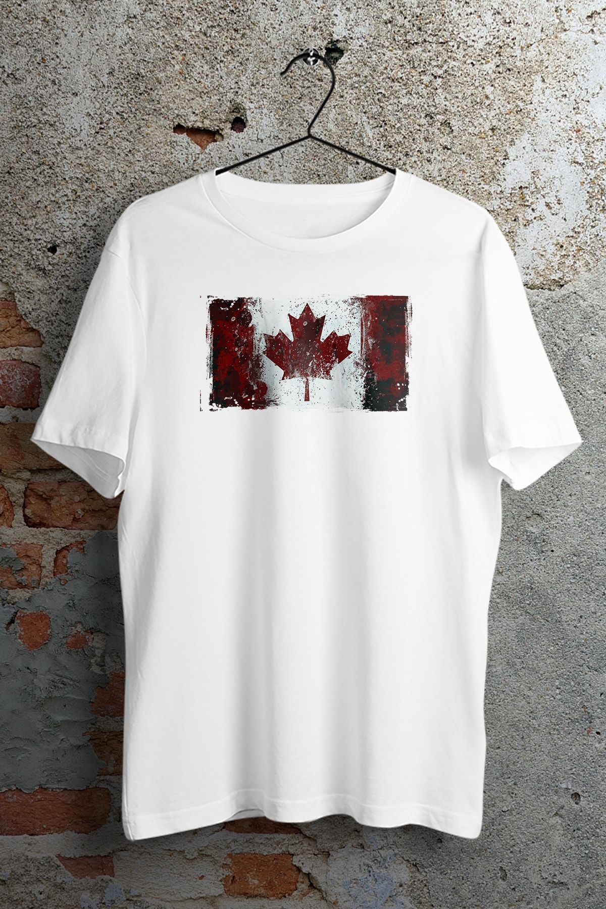WePOD Distressed Canada Flag Baskılı Beyaz Kısa Kollu Unisex Tişört