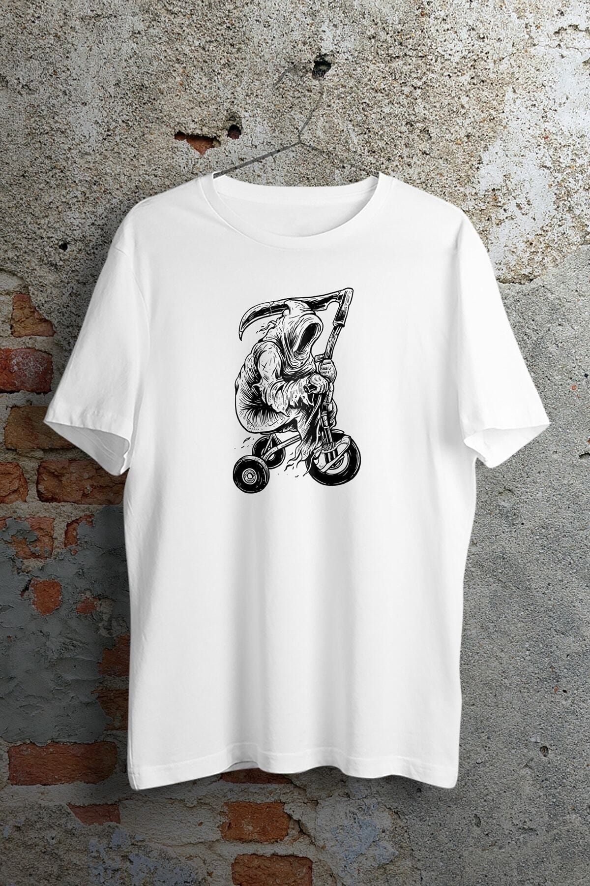 WePOD The Reaper On Bike Baskılı Beyaz Kısa Kollu Unisex Tişört