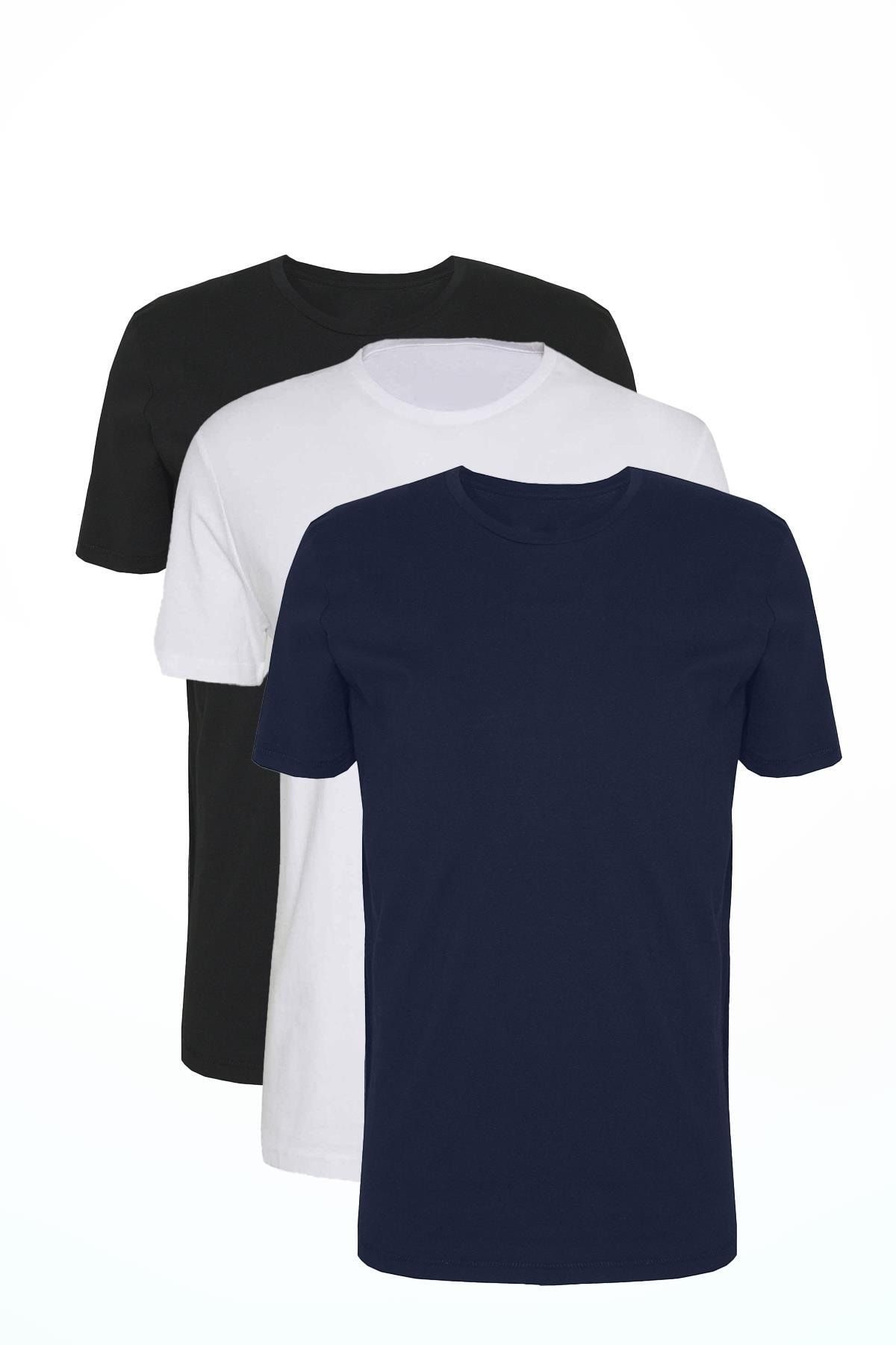 Oksit Erkek  Mavi Çok Renkli Bisiklet Yaka 3'lü Basic Paket Slim Fit T-shirt