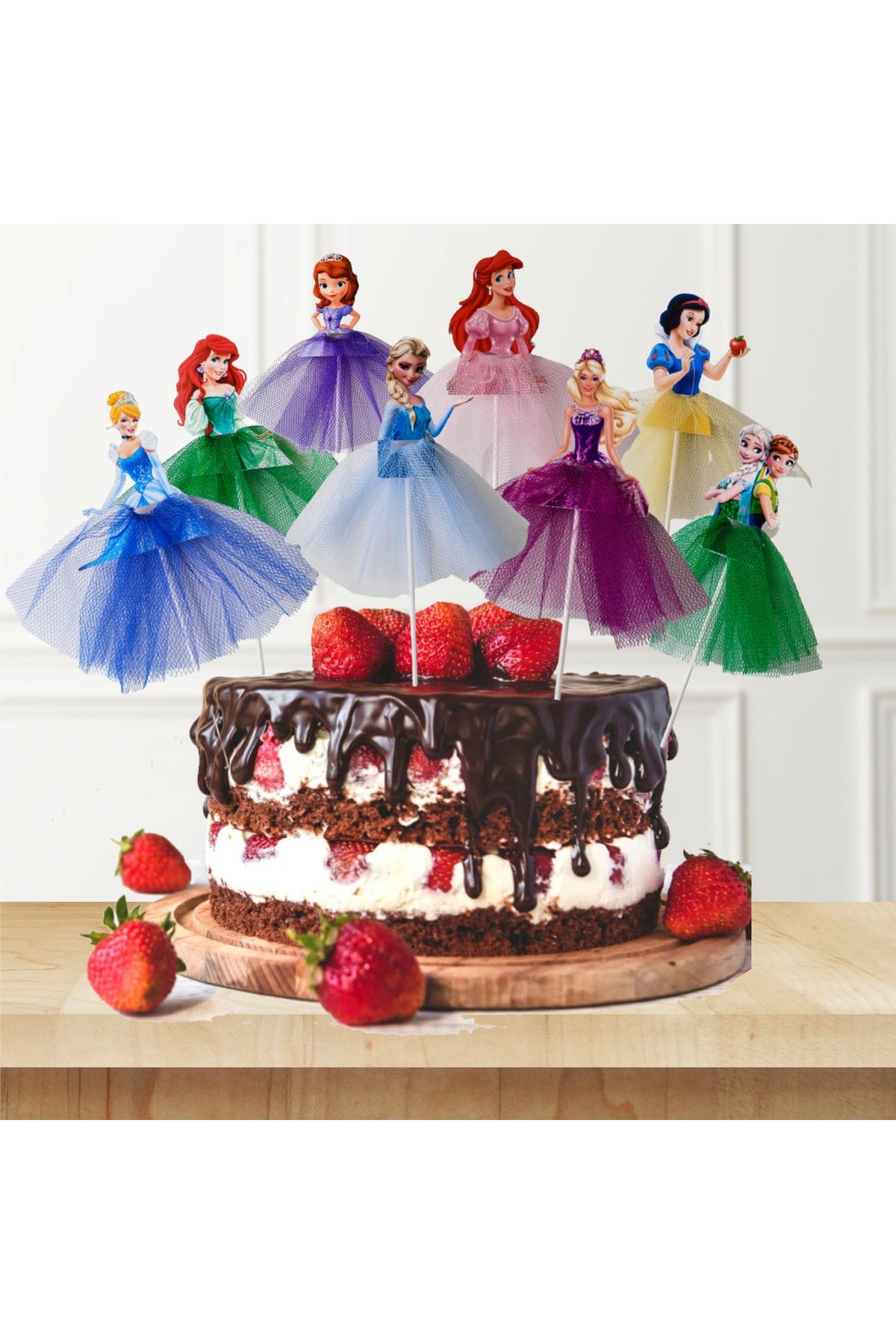 Atolye Doruk Prensesler Konsepti Kız Çocuk Doğum Günü Pasta Çubuğu-pasta Süsü 8'li Set-elsa-ariel-sofia-barbie