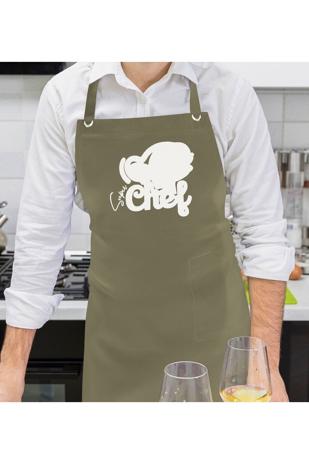 Bk Gift Profesyonel Chef Tasarımlı Haki Yeşil Mutfak Önlüğü