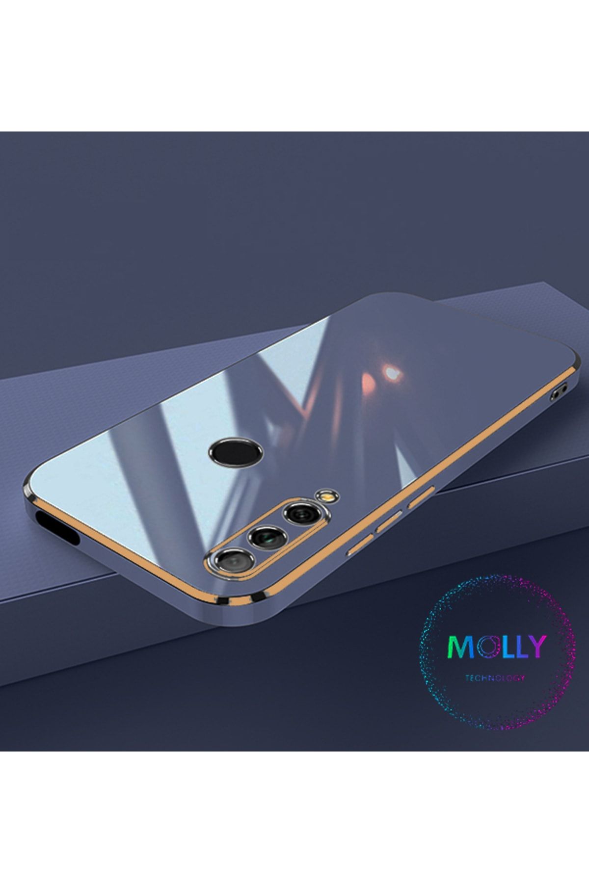 Molly Technology Huawei Y9 Prime 2019 Için Petrol Mavisi Kenarları Gold Detaylı Lüks Silikon Kılıf