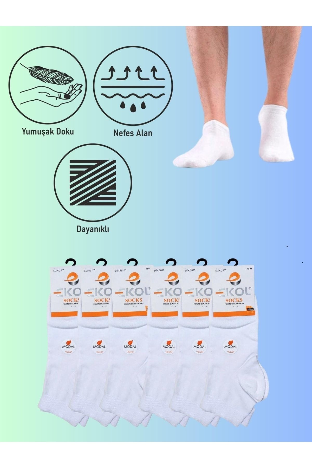 EKOL SOCK'S 6'lı Modal Dikişsiz Erkek Patik Beyaz Çorap