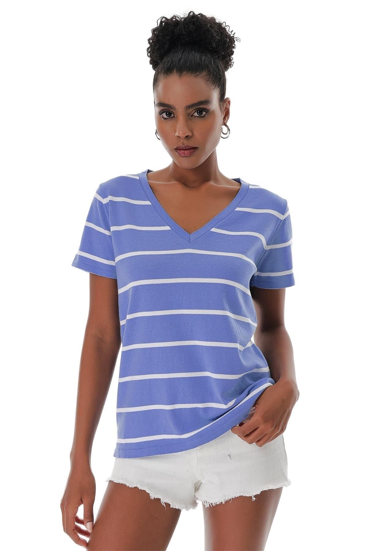 CHUBA Kadın V Yaka Ince Çizgili Pamuklu Marin Triko T-shirt Mavi-beyaz 23s1007