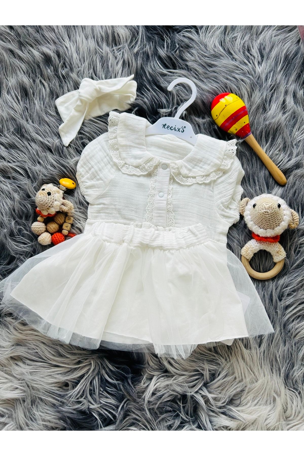 Necix's Kız Bebek Beyaz Müslin Kumaş Tütülü Etek Bandana Lı Yeni Sezon Yazlık Takım