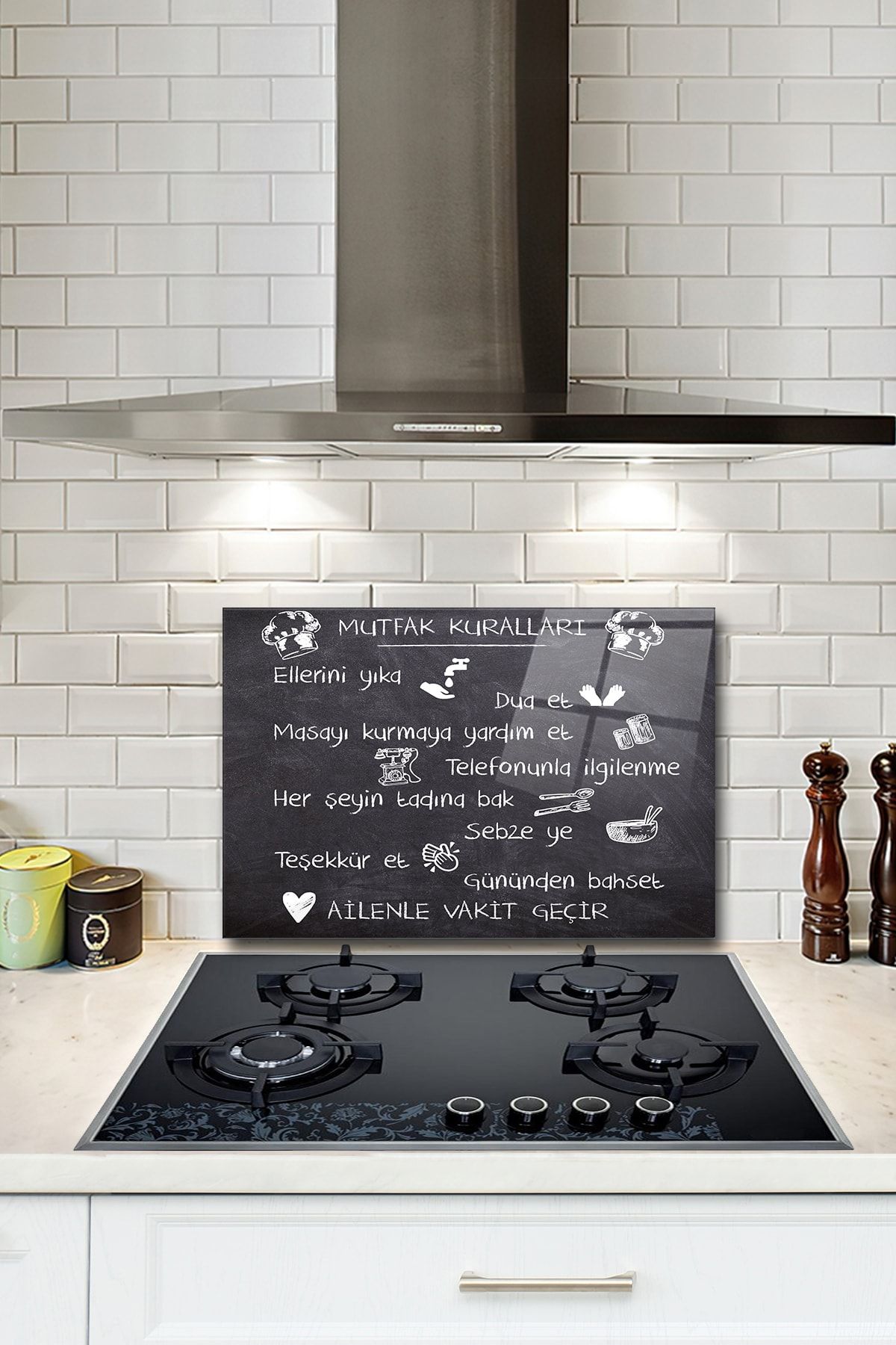 Decorita Cam Ocak Arkası Koruyucu | Mutfak Kuralları - Kara Tahta Görünümlü | 40cm X 60cm