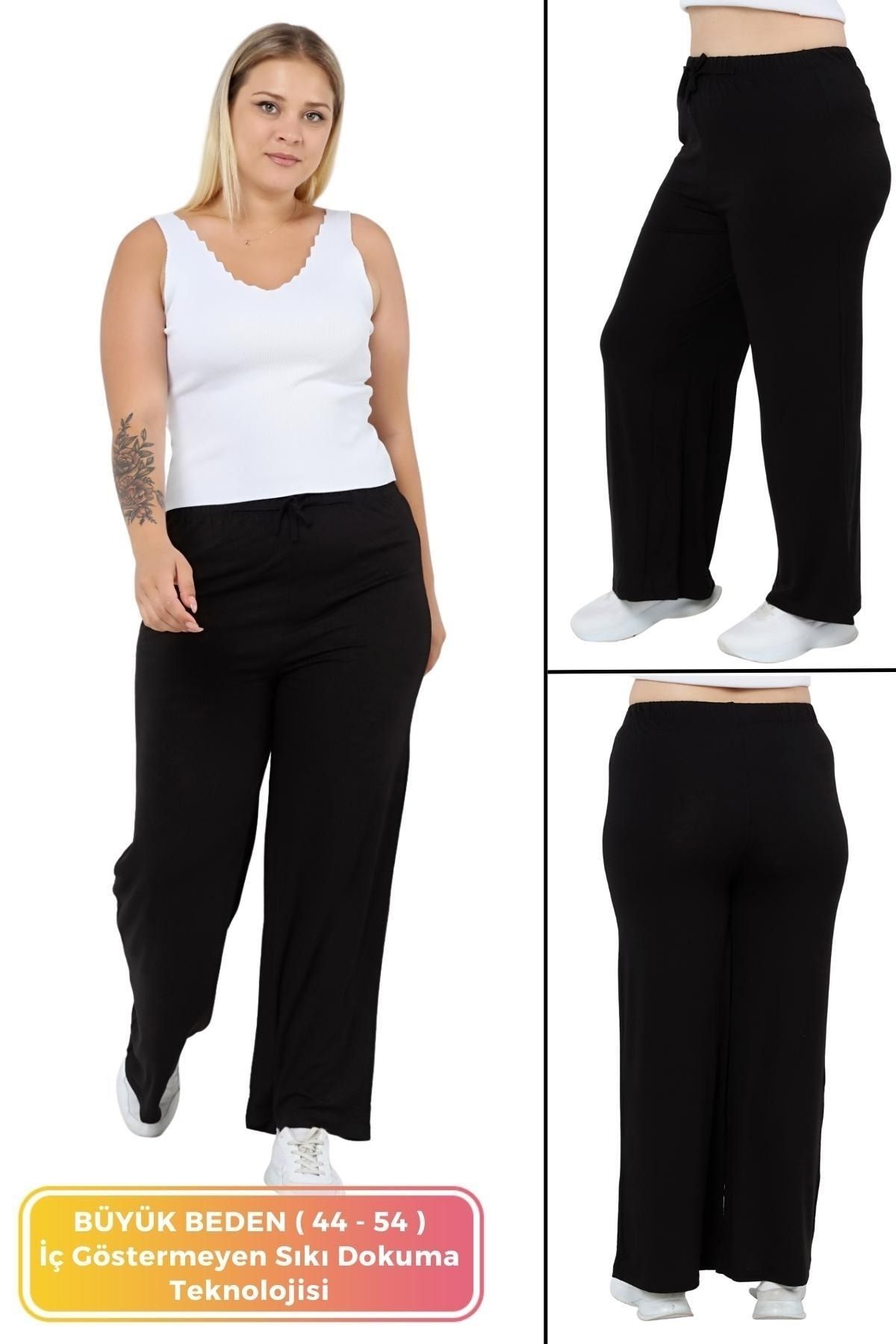 tarzımsüper Kadın Büyük Beden Konfor Modeli Beli Lastikli Rahat Likralı Pamuklu Yazlık Geniş Paça Pantolon Siyah