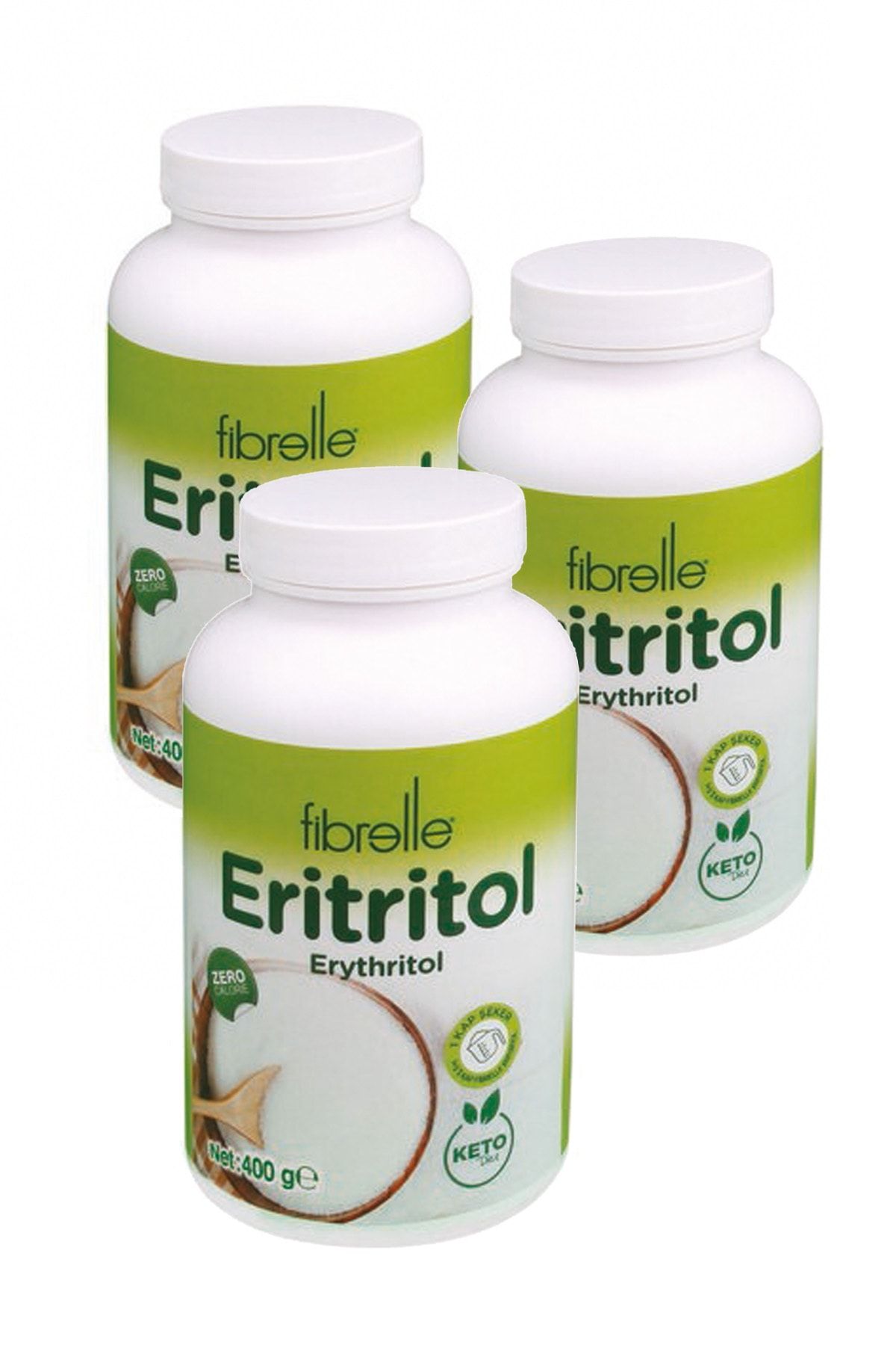 Fibrelle Eritritol Toz Tatlandırıcı 3 Kutu (SİLİNDİR ŞİŞE) Sıfır Kalori 400 G X 3
