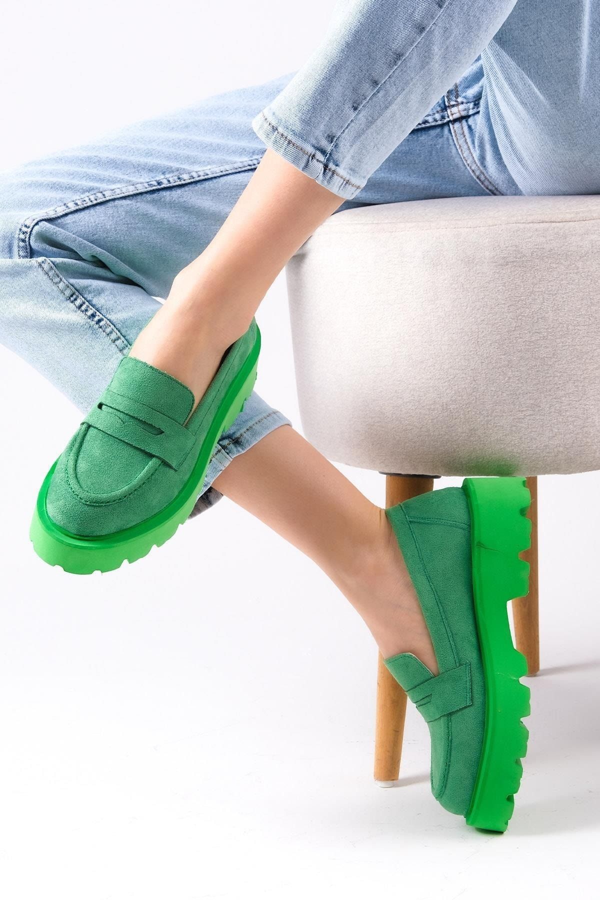 Mio Gusto Bobbie Yeşil Renk Süet Kalın Tabanlı Kadın Günlük Oxford Ayakkabı
