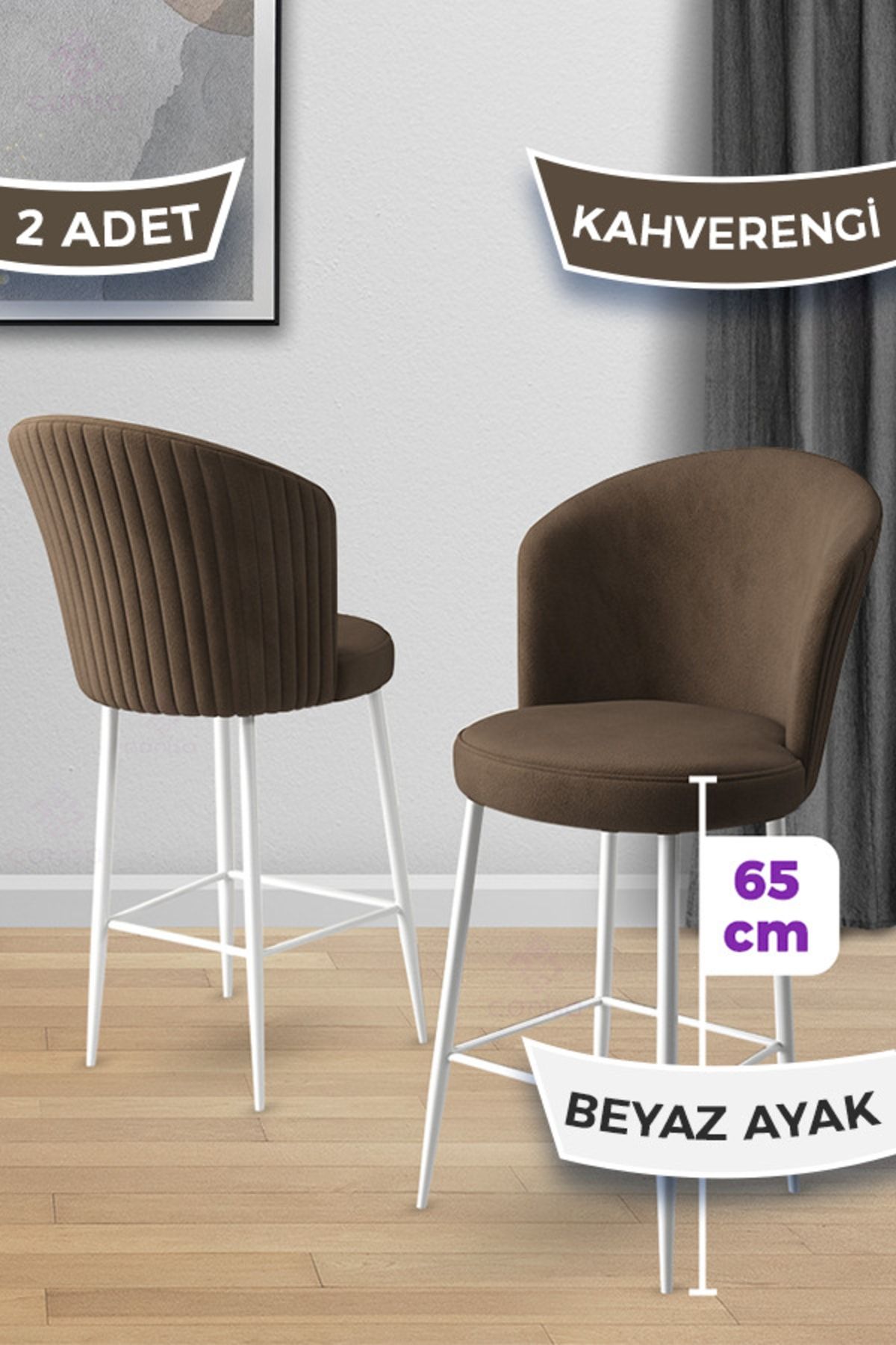 Canisa Concept Alte Serisi 2 Adet Kahve Sandalye 65 Cm Ada Mutfak Bar Sandalyesi Babyface Kumaş Beyaz Metal Ayaklı