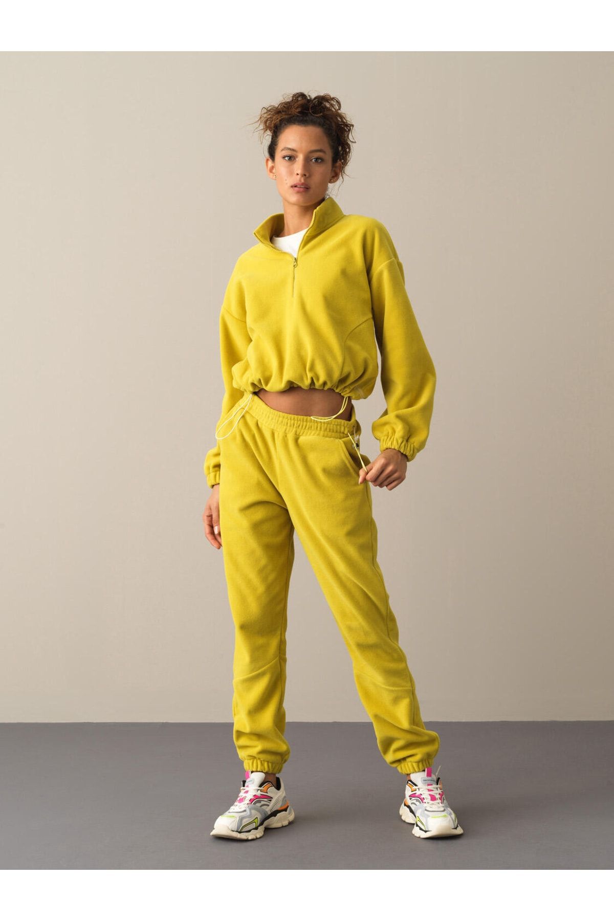 Xint Kadın Yosun Sarısı Oversize Paçası Lastikli Polar Sweat Pantolon