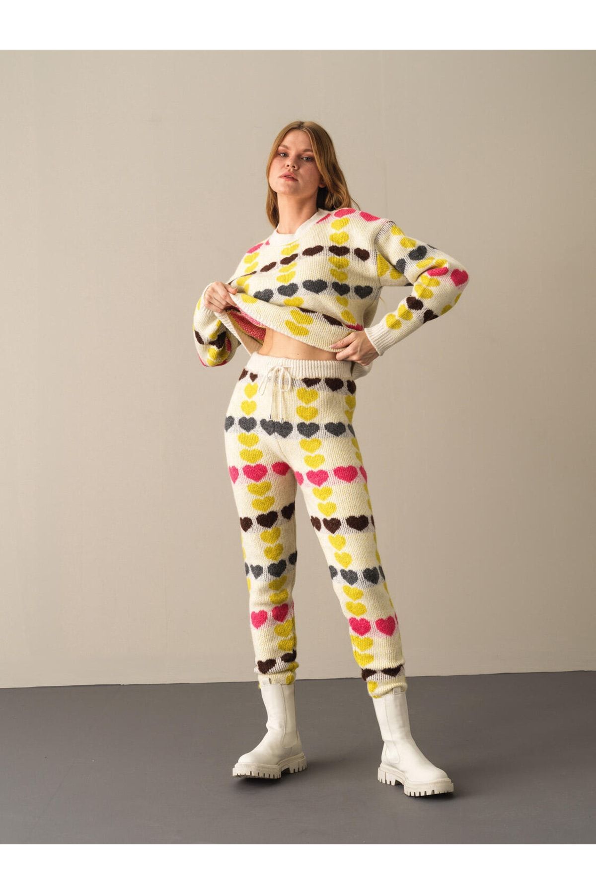 Xint Kadın Yosun Sarısı Beli Lastikli Regular Fit Desenli Triko Pantolon
