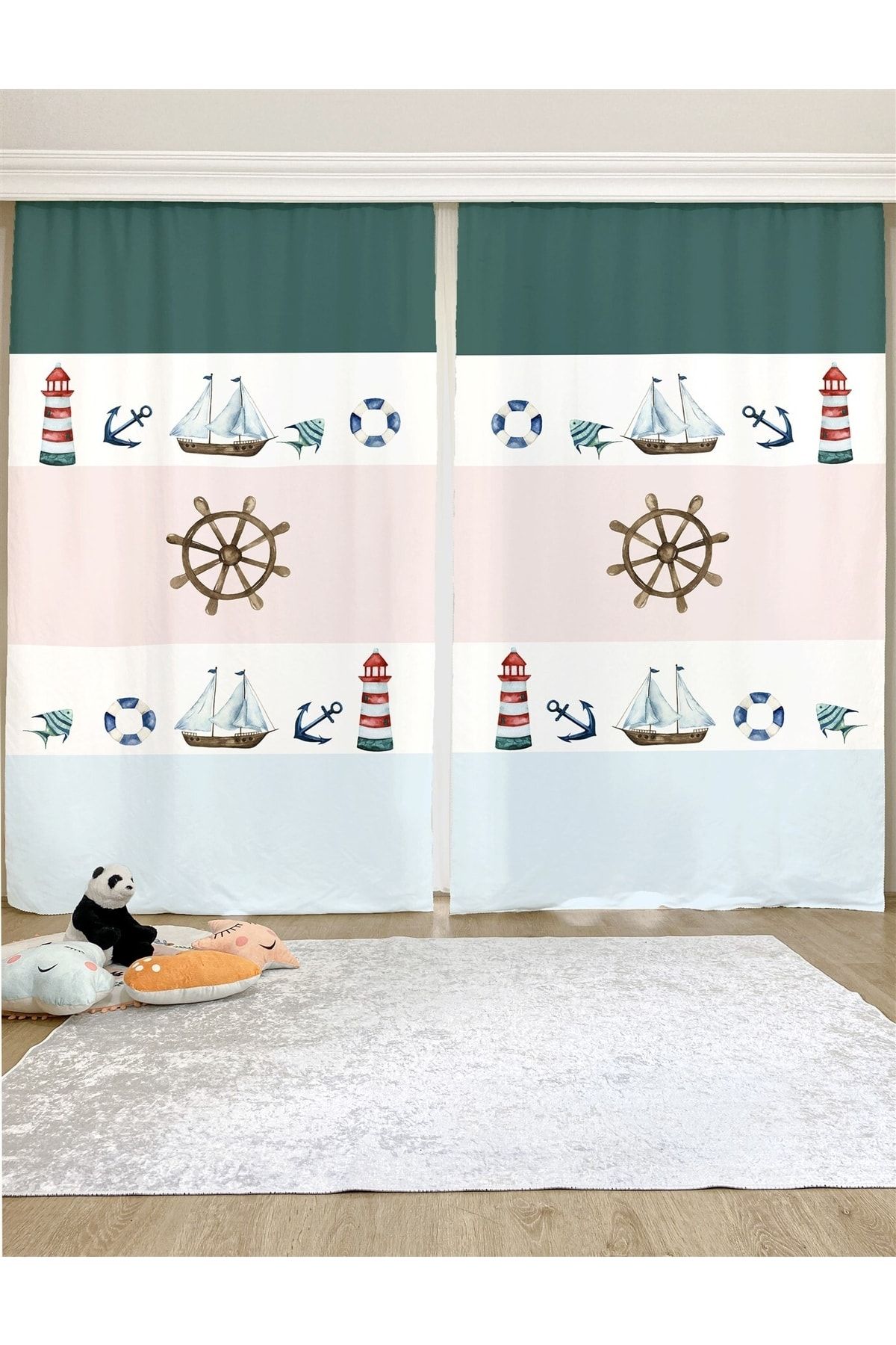 Evpanya Denizci Gemi Desenli Çocuk & Bebek Odası Fon Perde (TEK KANAT FİYATLANDIRMA)