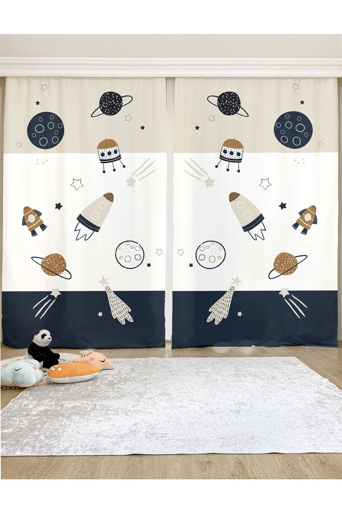 Evpanya Uzay Araçları Desenli Çocuk & Bebek Odası Fon Perde (TEK KANAT FİYATLANDIRMA)