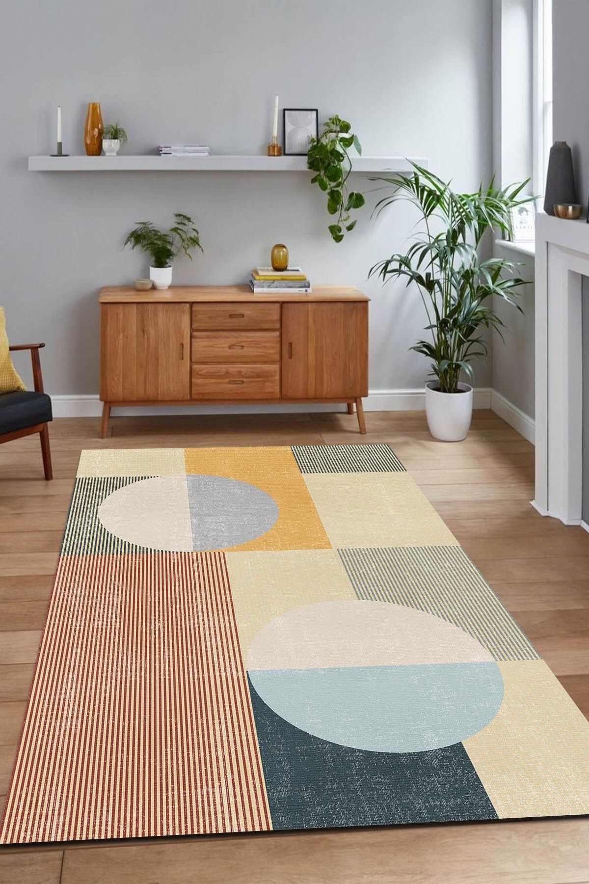 AIDA HOME Collines Kadife Desenli Pamuk Tabanlı Yıkanabilen Kaydırmaz Antibakteriyel Salon Halısı