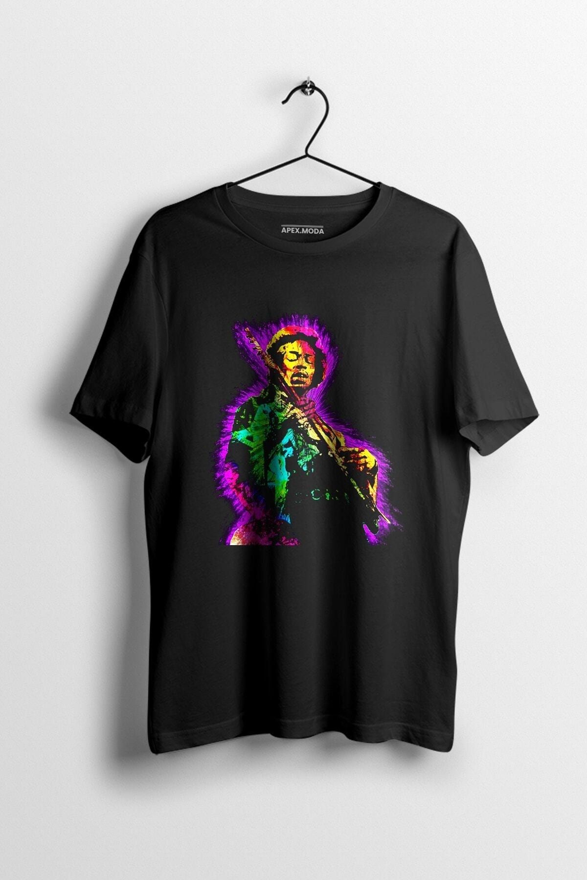 WePOD Jimi Hendrix Baskılı Tişört Baskılı Siyah Kısa Kollu Unisex Tişört