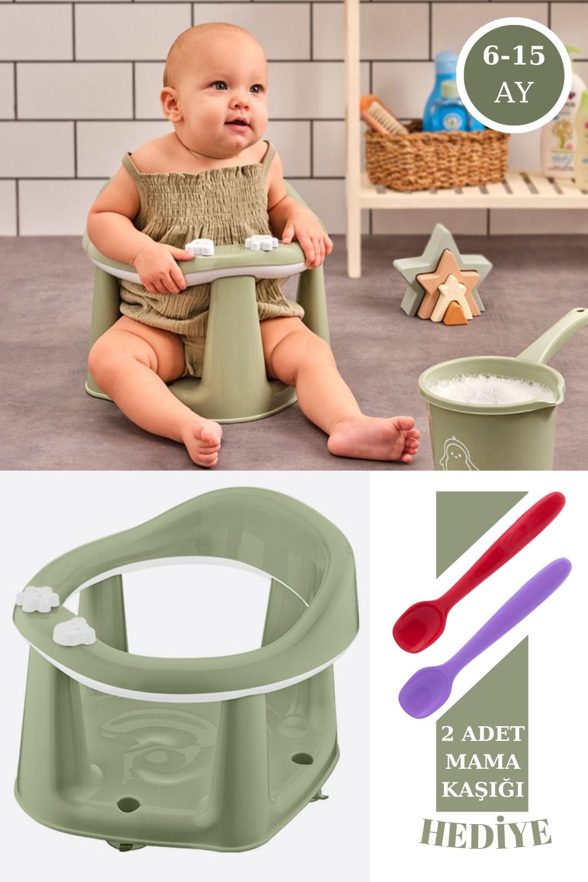 Flosoft Vakumlu Bebek Banyo & Mama Oturağı + Silicolife 2 Adet Silikon Mama Kaşığı