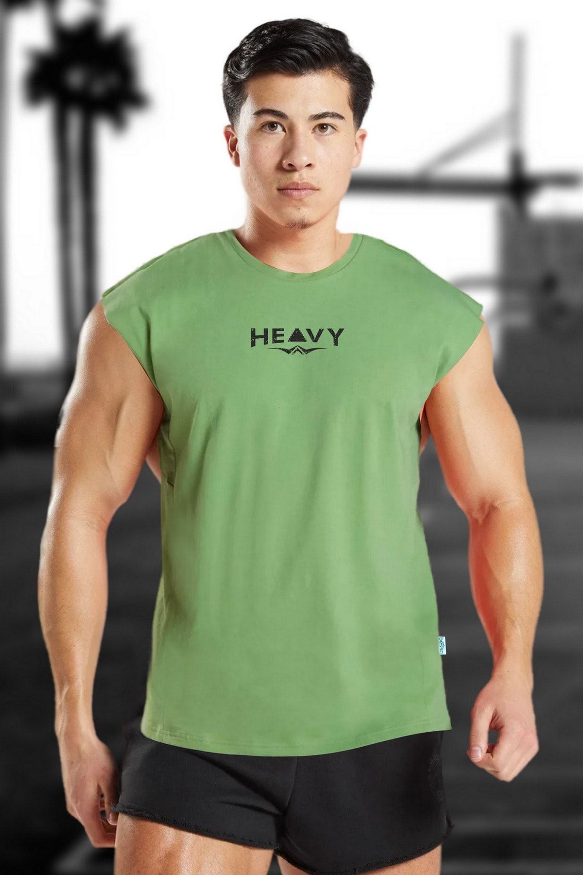 BESSA Erkek Heavy Baskılı Yeşil Oversize Bisiklet Yaka Pamuklu Kolsuz T-shirt/atlet