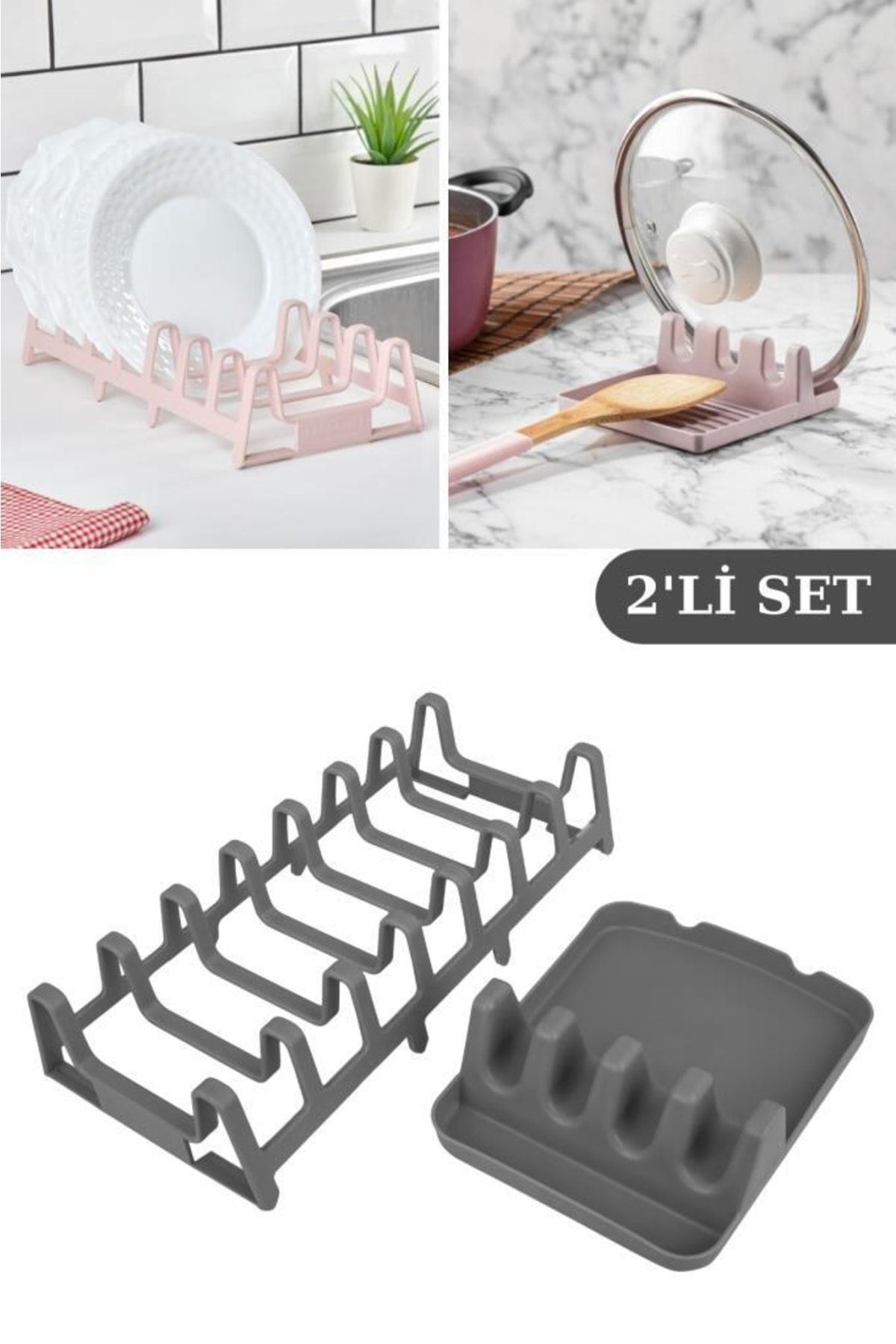 Flosoft Tencere Kapak Tutucu & Kepçe Kaşık Altlığı Ve Tabaklık Kurutmalık Tabak Organizer 2’li Set