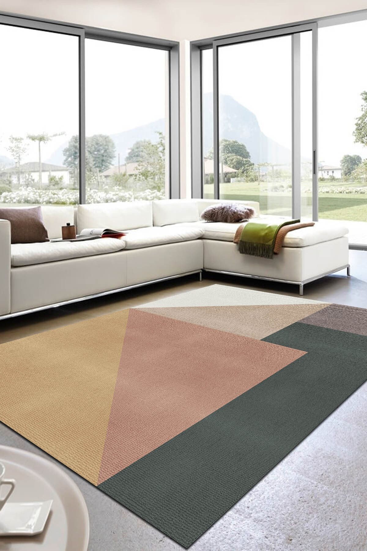 AIDA HOME Fobcolors Kadife Desenli Pamuk Tabanlı Yıkanabilen Kaydırmaz Antibakteriyel Salon Halısı