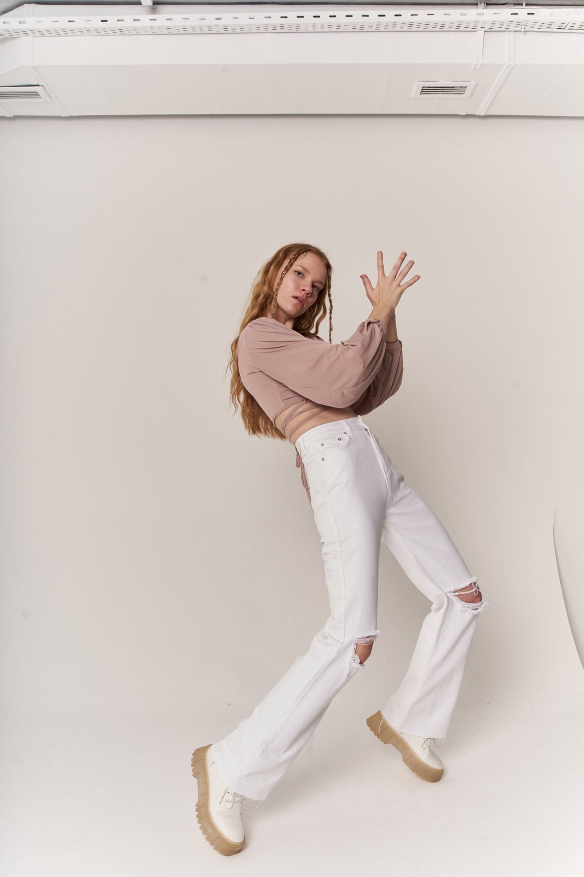 HOLLY LOLLY Kadın Beyaz Wide Leg Çift Diz Yırtmaçlı Yüksek Bel White Jean Pantolon