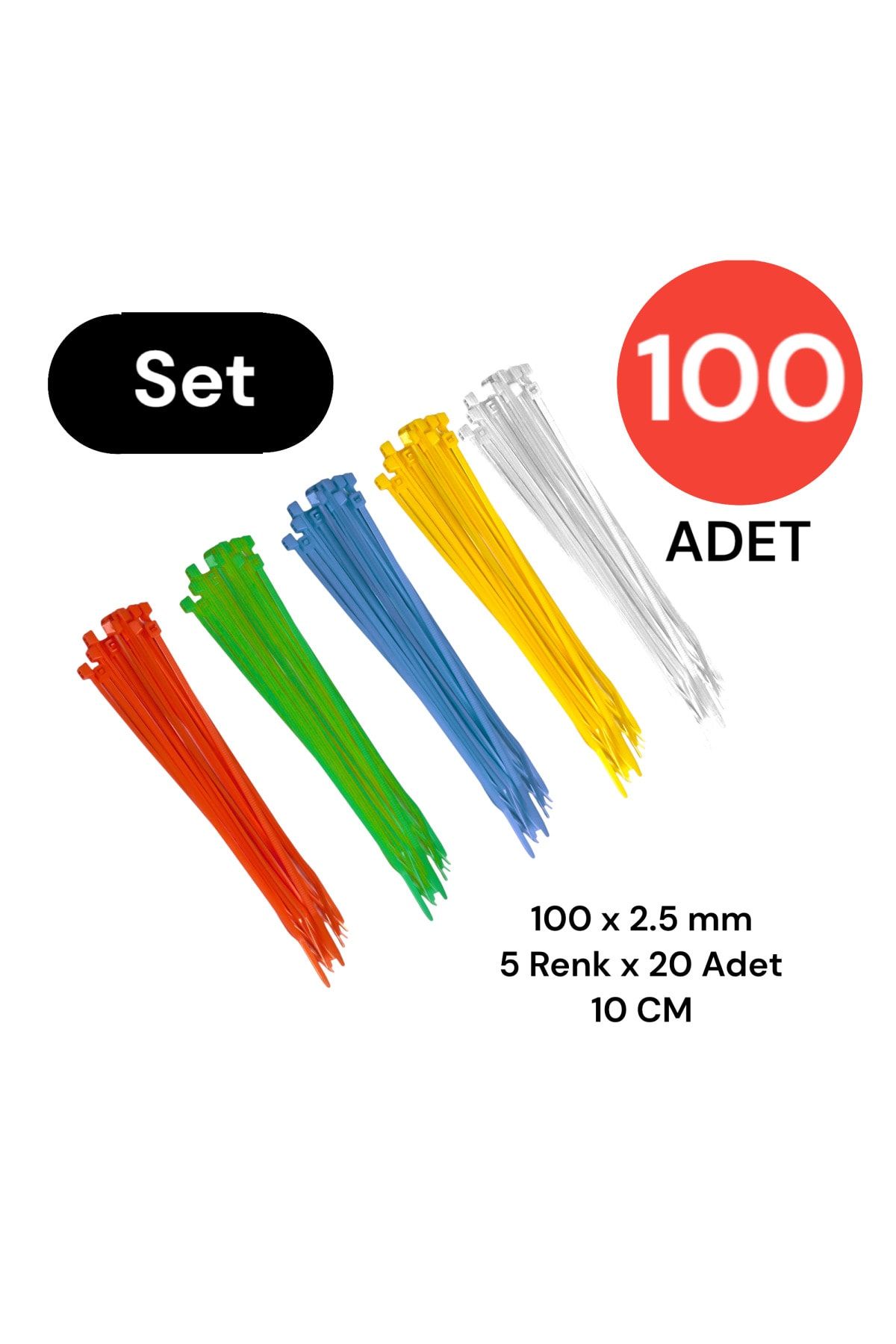 Tek-İş Plastik Kablo Bağı Klipsi Cırt Kelepçe Karışık Renk Set 100 Mm 5 Renk X 20 Toplam 100 Adet