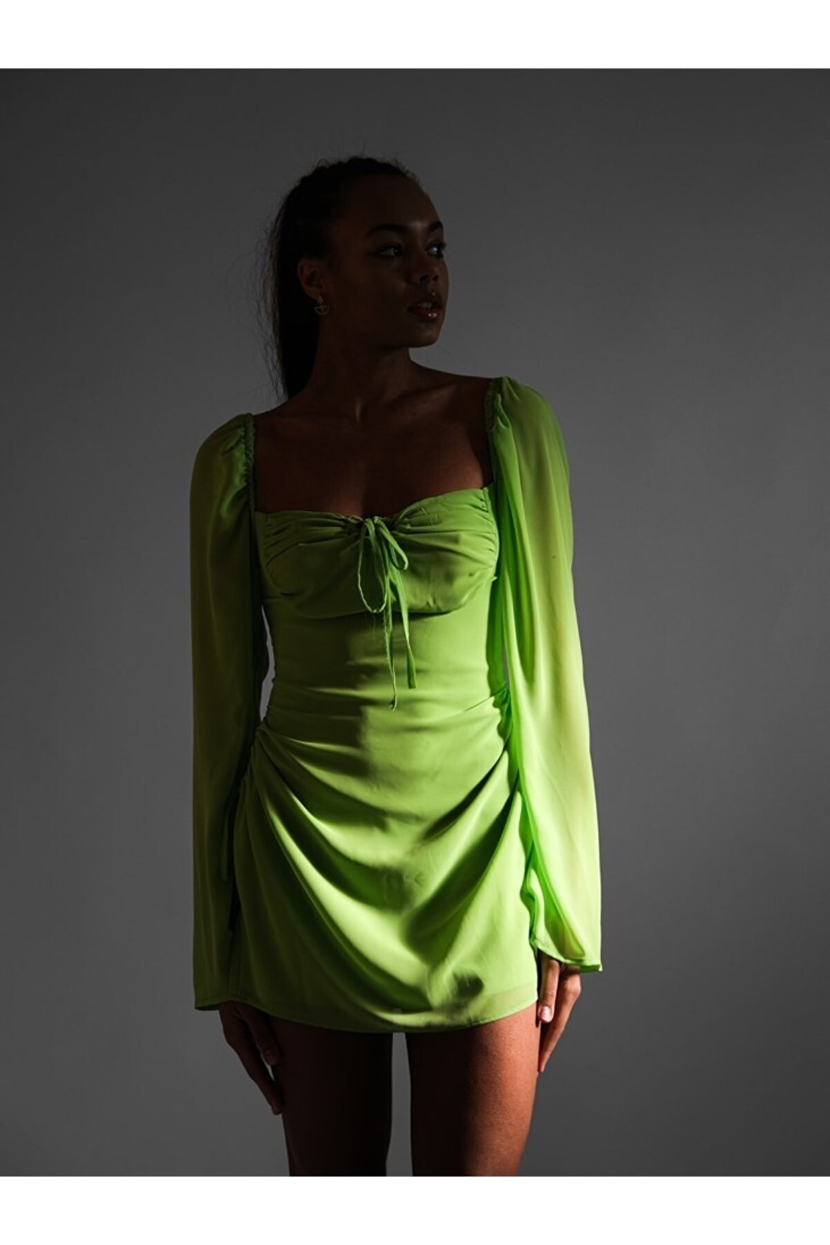 Ven Boutique Kadın Yeşil Şifon Bel Detaylı Mini Elbise