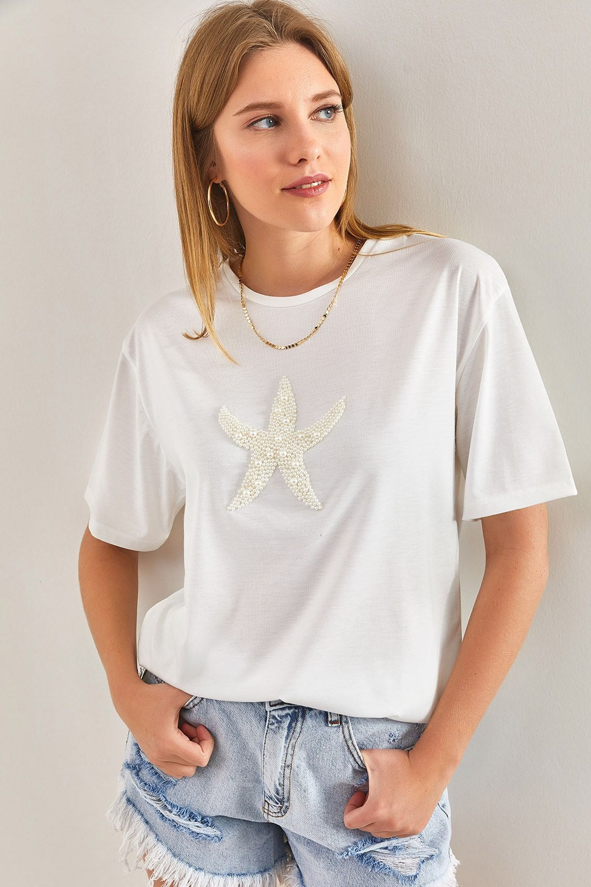 Bianco Lucci Kadın Yıldız Inci Taş Işlemeli Penye Tshirt