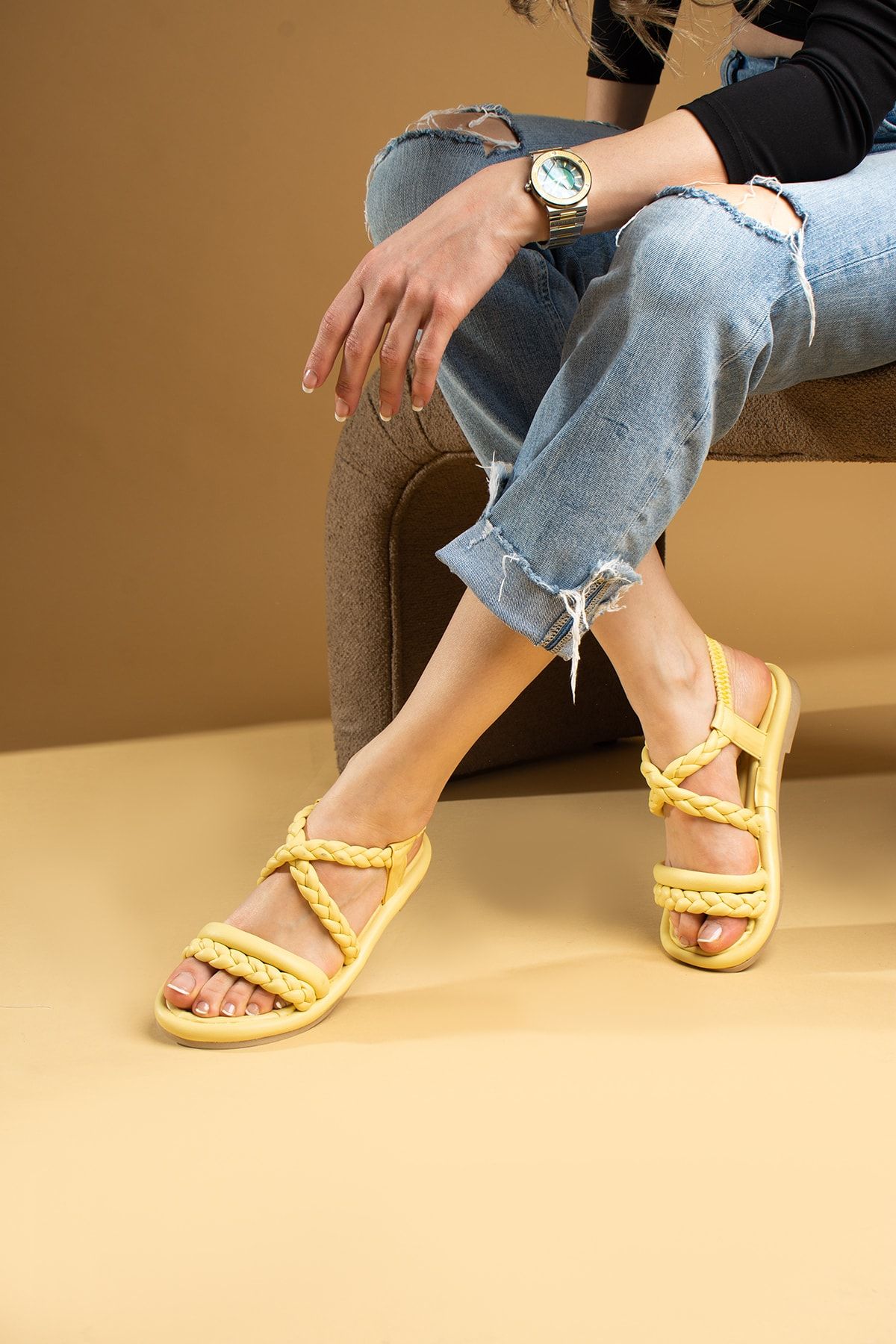 Pembe Potin Kadın Sarı Günlük Rahat Sandalet