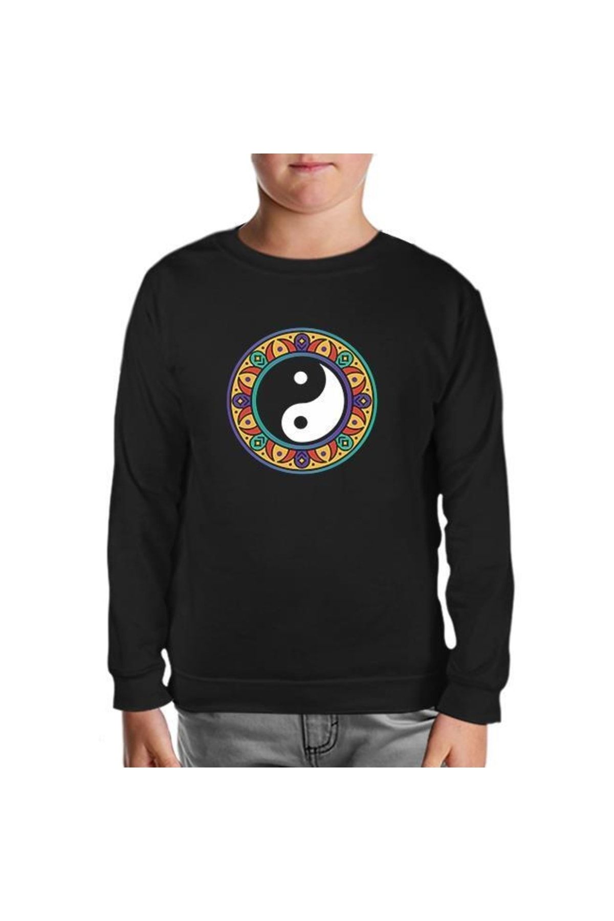 Lord T-Shirt Yin Yan Symbol In The Middle Of Mandala Design Siyah Çocuk Sweatshirt