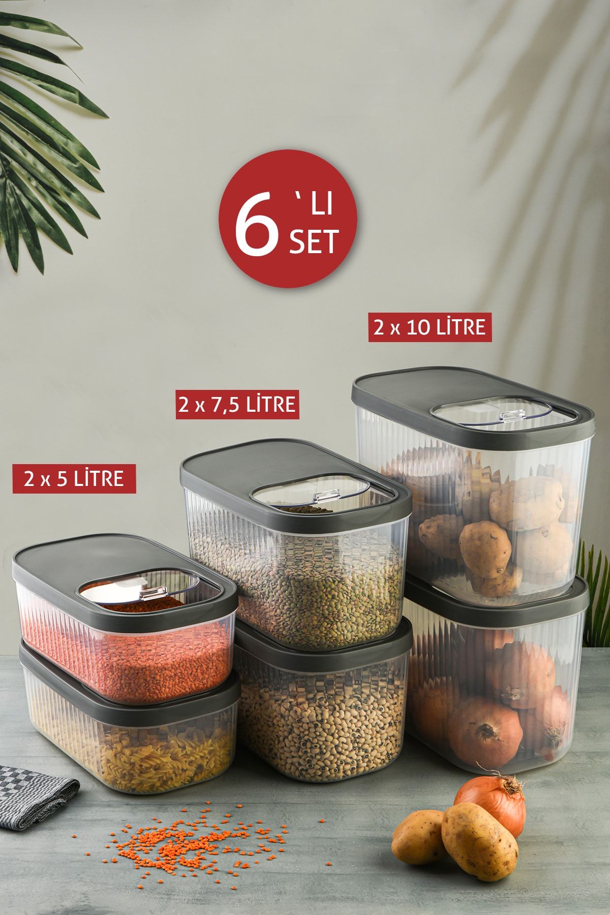 Pazarika 6lı Set Multibox Maxi Saklama Kabı Kaydırak Kapaklı 2x(5 Litre, 7,5 Litre, 10 Litre) Antrasit